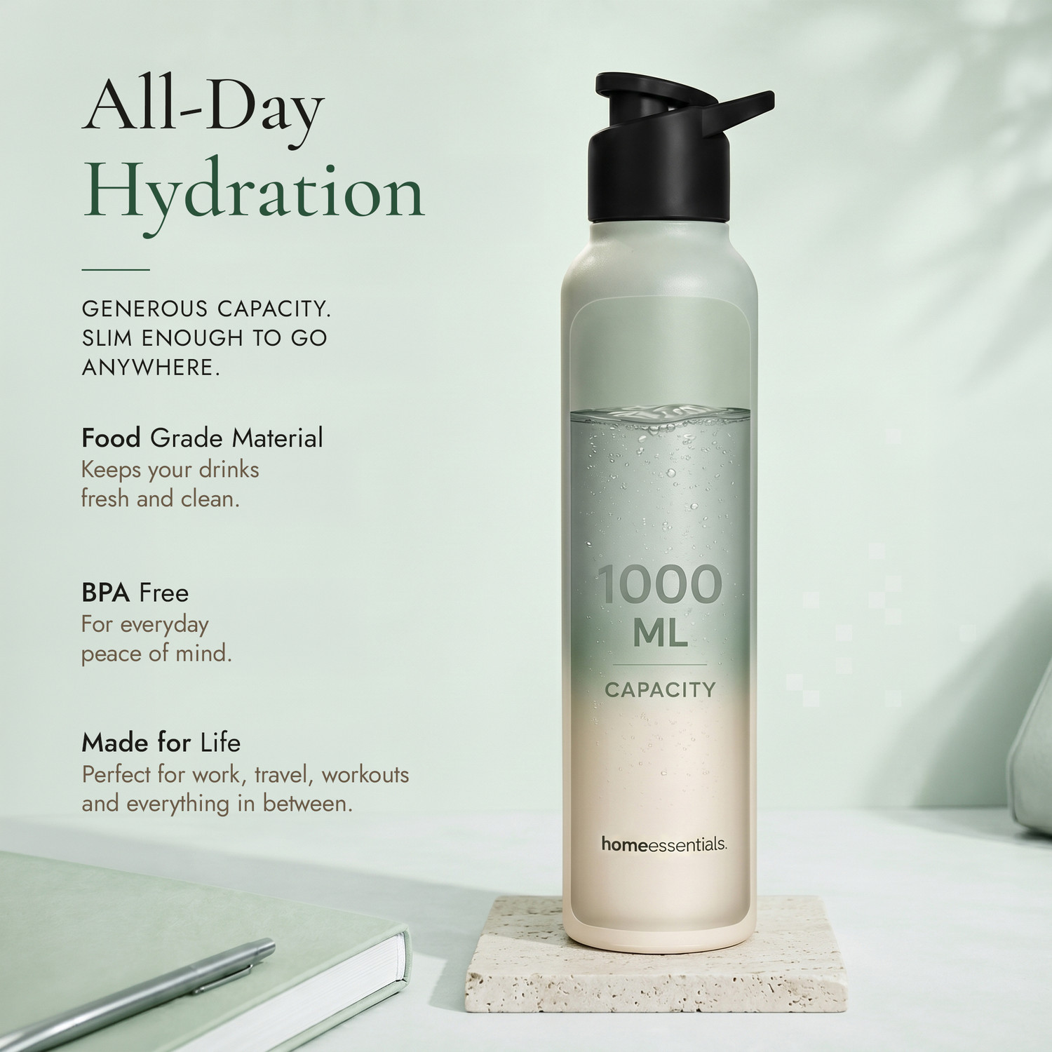 Image of HomeEssentials 1000ml Single Wall Stainless Steel Water Bottle | Single Wall | Leakproof 1000 ml Stainless Steel Bottle