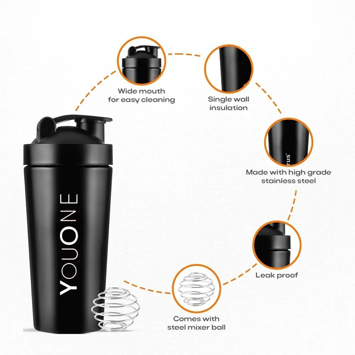 Image of Youone Gym, Shaker Bottles for Protein Shake 100% Leakproof 700 ml 750 ml Steel Shaker