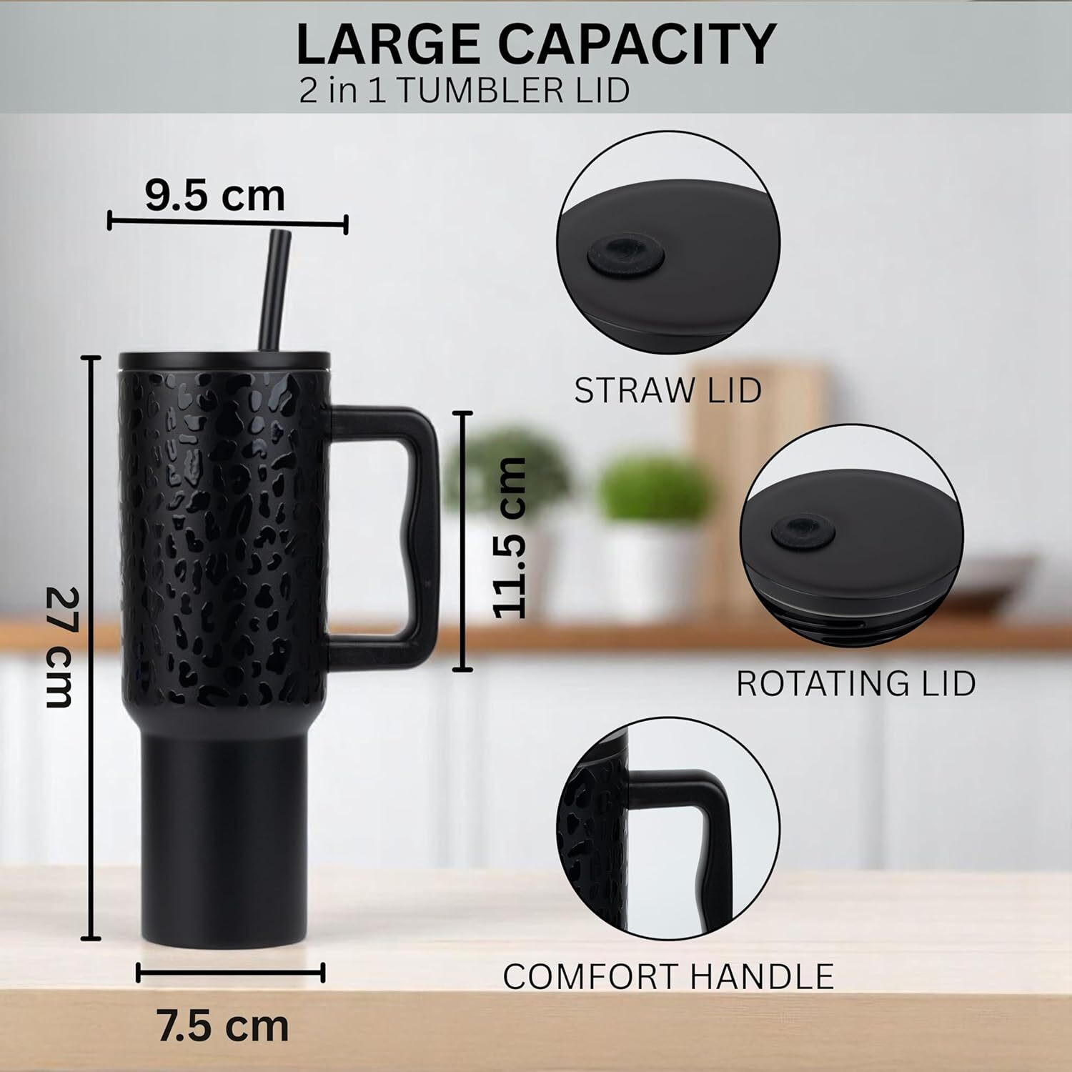 Image of cropito Insulated Tumbler with Handle & Straw, Leak Proof Travel Sipper Cup black Stainless Steel Tumbler