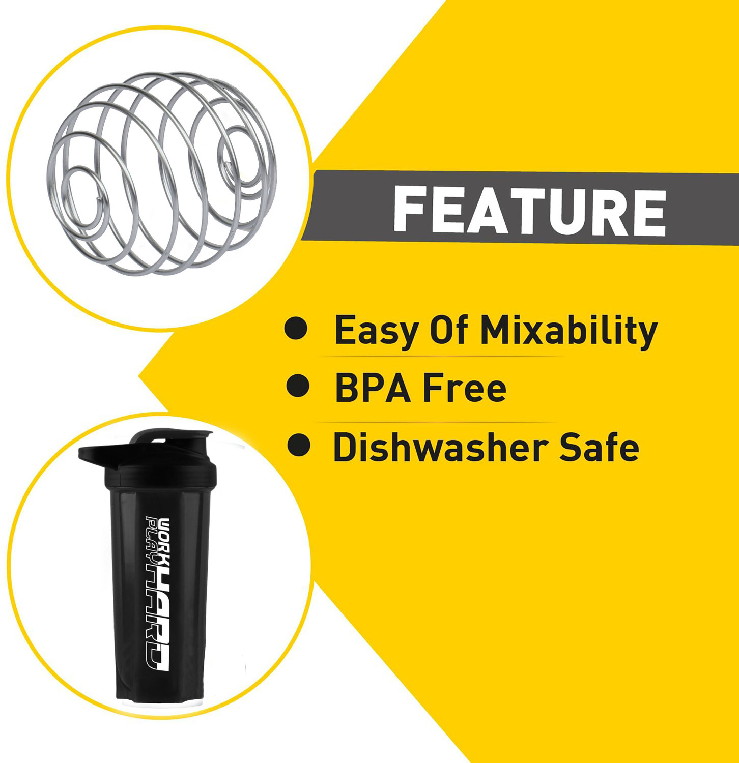 Image of Dassio Work Hard Protein Gym Shaker Bottle with Stainless Steel Spring Ball 700 ml Plastic Shaker