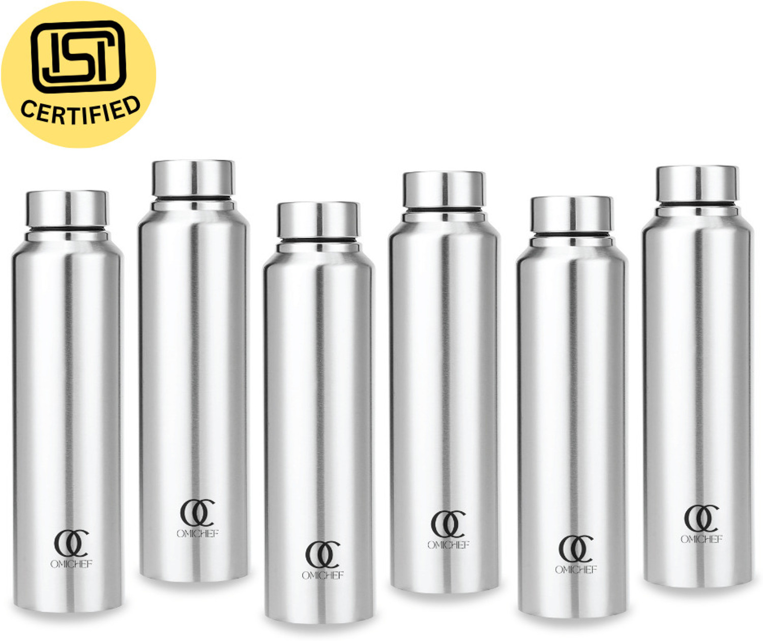 Image of Omichef 1 Litre AquaPro Stainless Steel Fridge Water Bottle Set of 6 1000 ml Steel Bottle