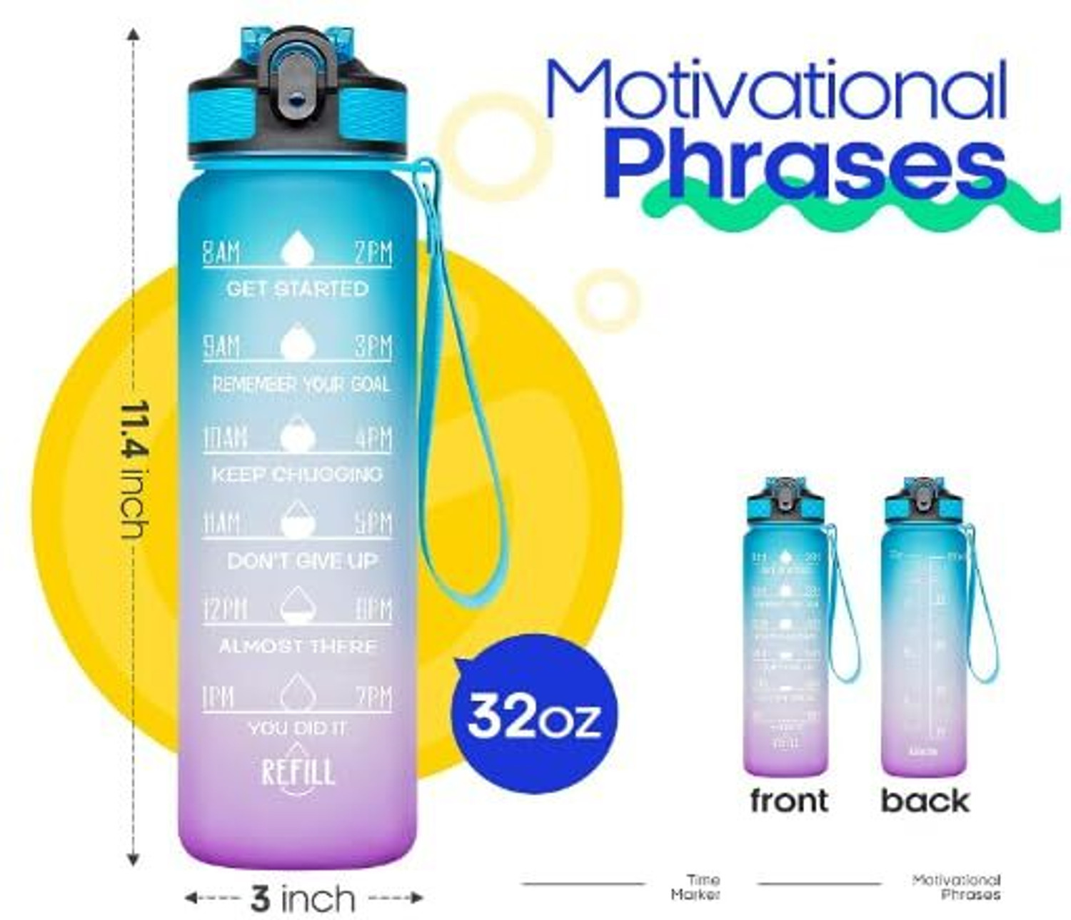 Image of Eclet Motivational Water Bottle with Time Markers. 1000 ml Plastic Bottle
