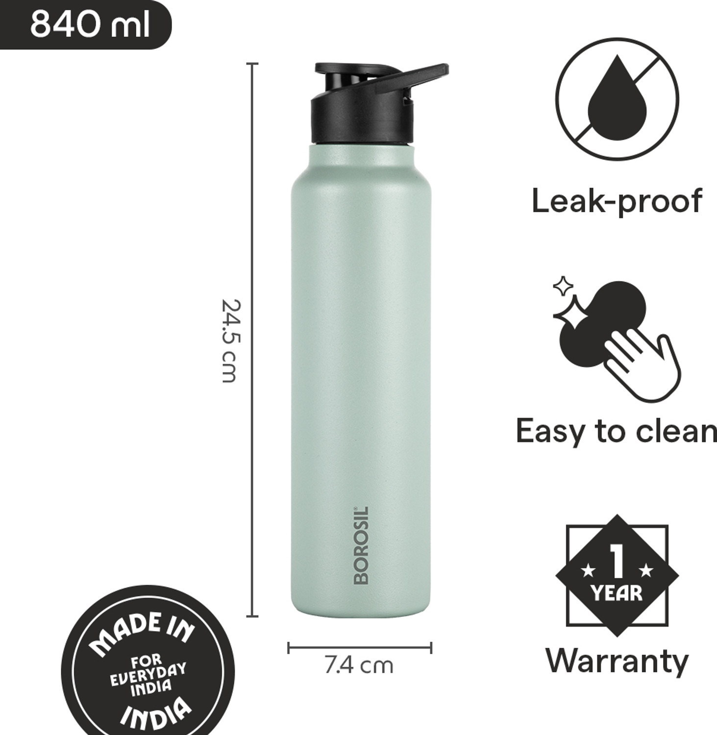 Image of BOROSIL 840ml Sipfresh Mint Single Wall Water Bottle for Office, School, College & Gym 840 ml Steel Bottle