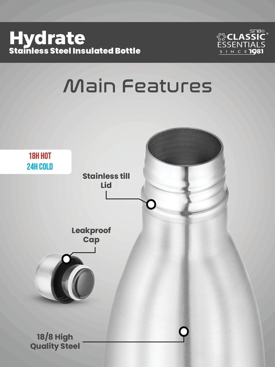 Image of Classic Essentials Insulated Hot & Cold Vacuum, 1000 ml Steel Flask (Pack of 1, Silver)