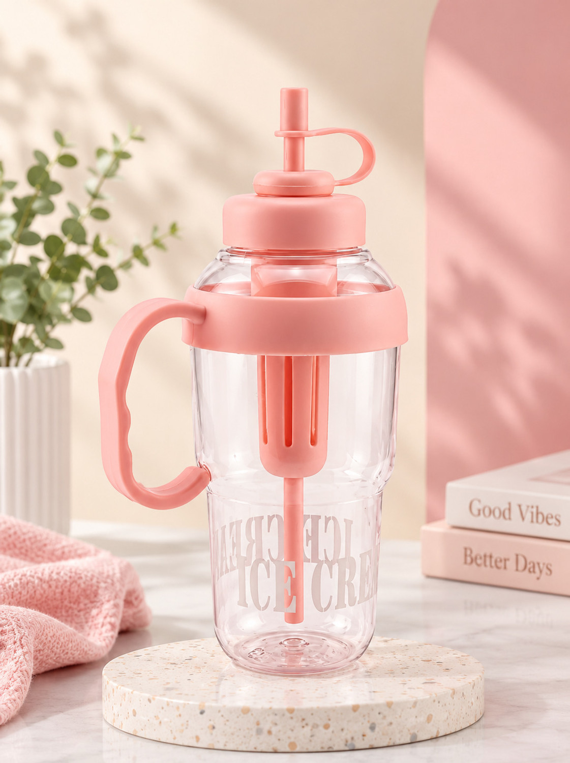 Image of Vmk Ice Cream Water Bottle with Stirrer & Straw, 1200 ml Plastic Bottle (Pack of 1, Pink)