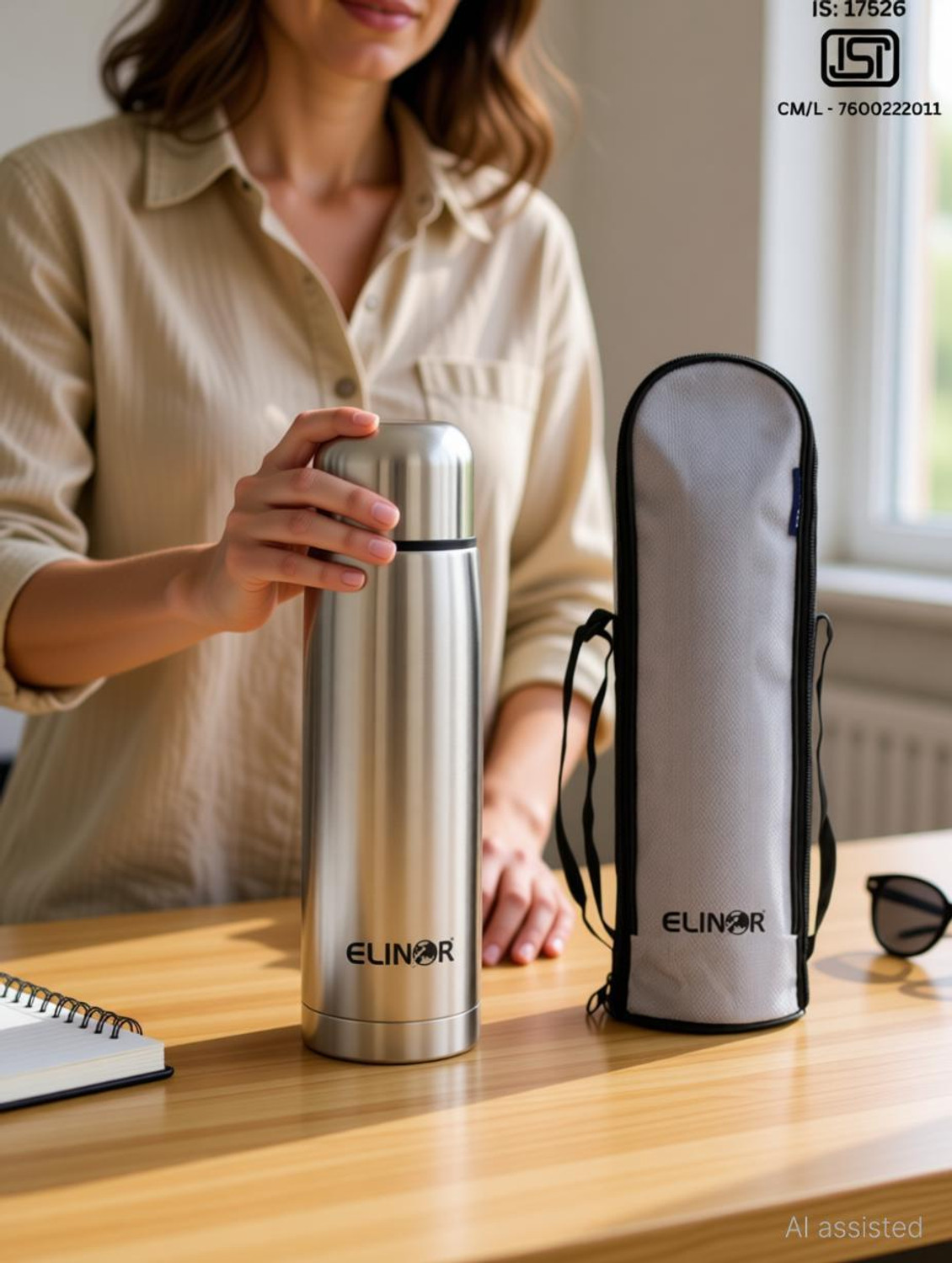 Image of ELINOR Thermosteel Water Bottle 24 Hr Hot and Cold with Leak Proof Lid 1000 ml Stainless Steel Bottle