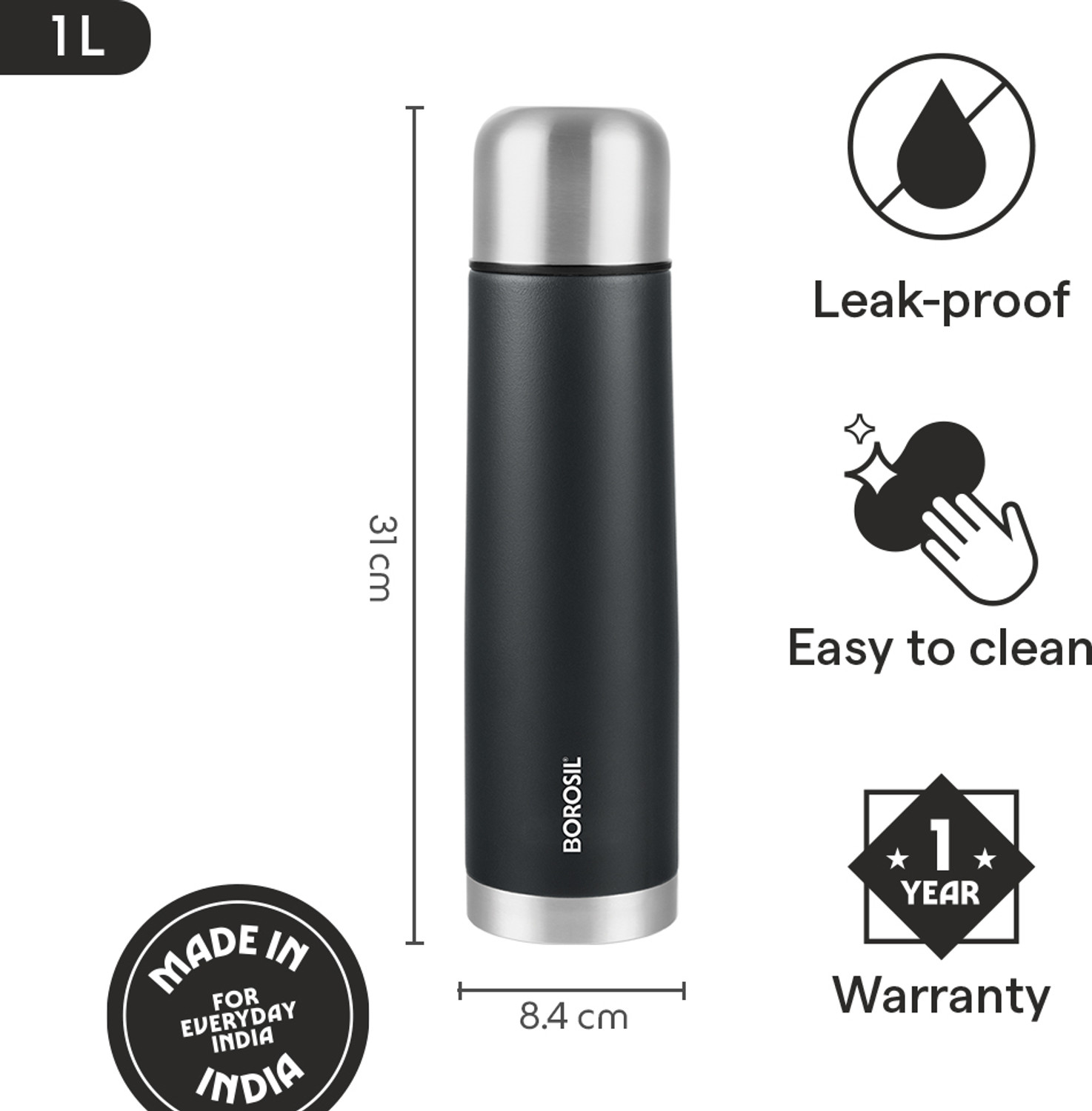 Image of BOROSIL 24 Hours Hot & Cold Thermo Double Wall Vaccum Insulated Steel Flask Bottle 1000 ml Steel Flask