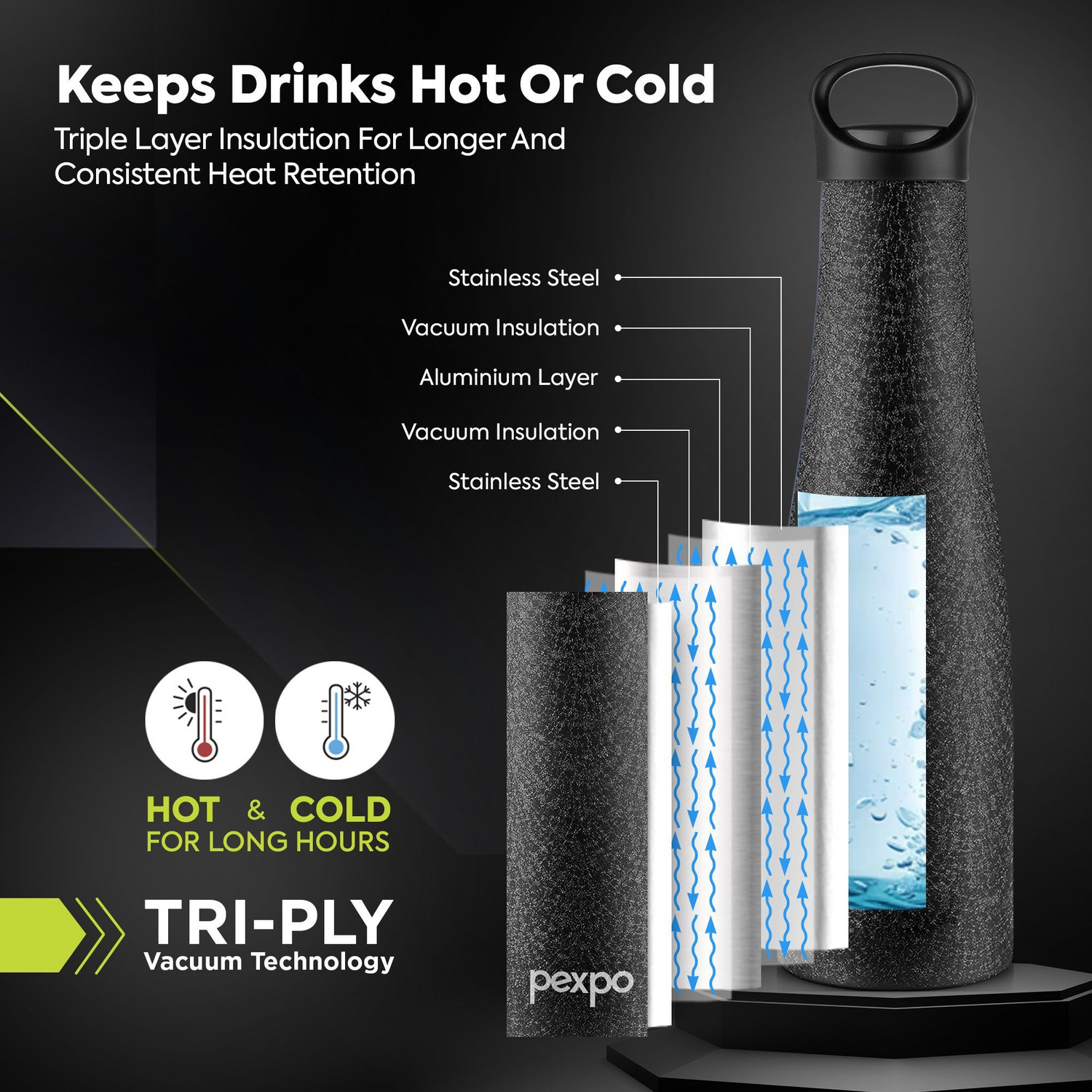 Image of pexpo Morocco Hot & Cold Stainless Steel Water Bottle Vacuum Insulated 600 ml Stainless Steel Flask