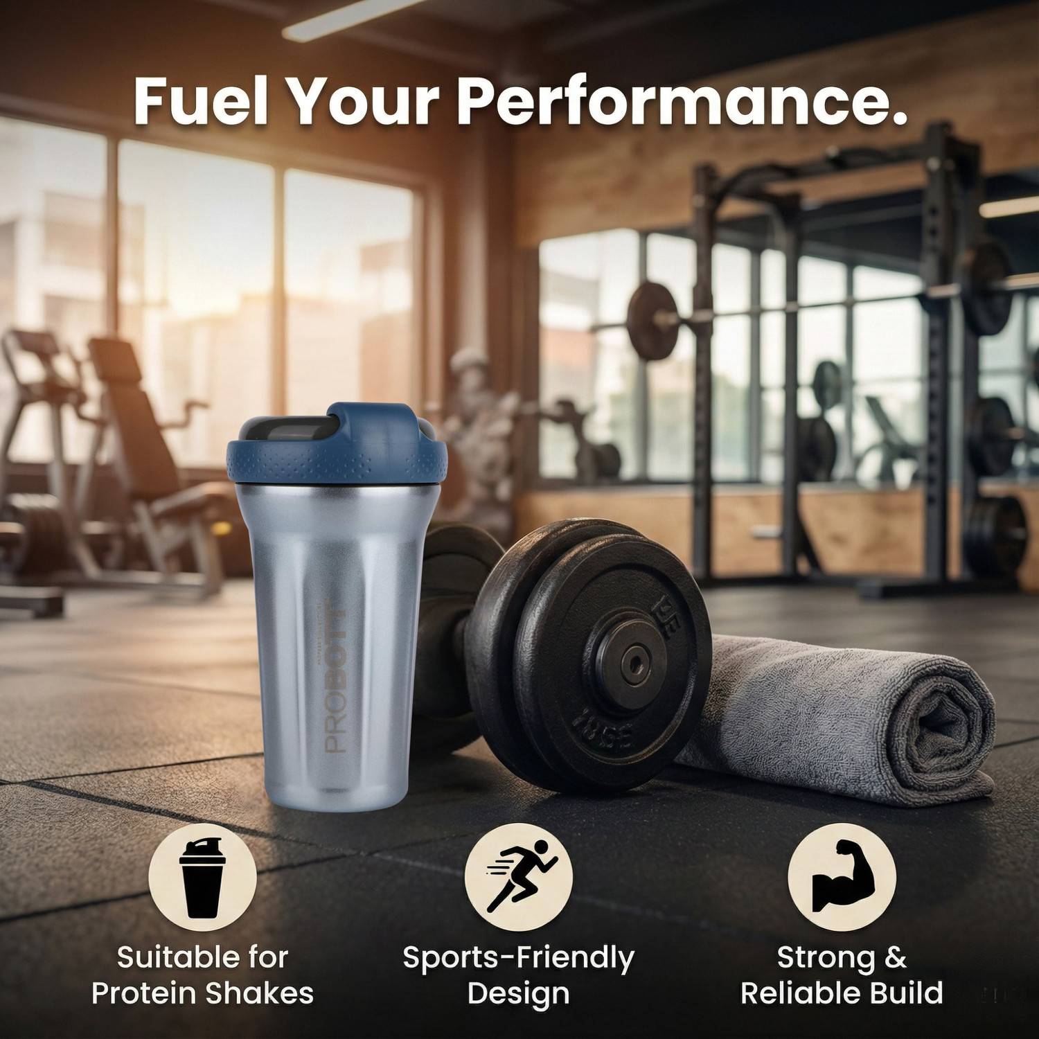 Image of PROBOTT Thermosteel Elegant Shaker for Protein Shake Gym -Blue 500 ml Steel Shaker