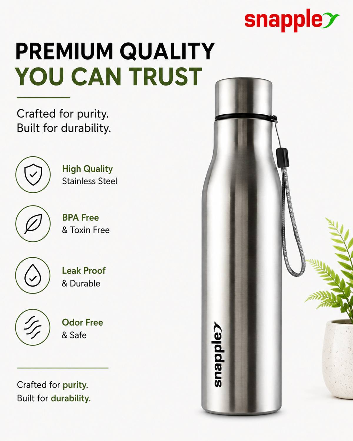 Snapple Active+ 1000 ml Stainless Steel Bottle Pack of 1 - Image 2
