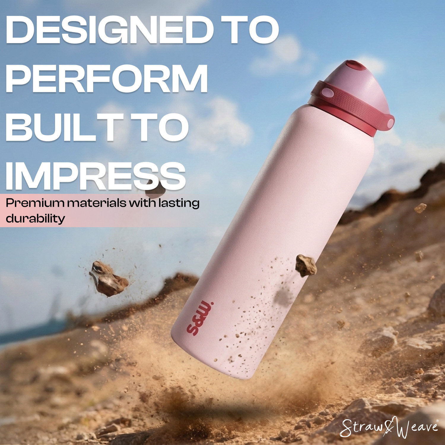 Image of Straw&Weave PureFlow Steel Water Bottle - 24h Cold, Straw & Handle, BPA Free 710 ml Stainless Steel Bottle