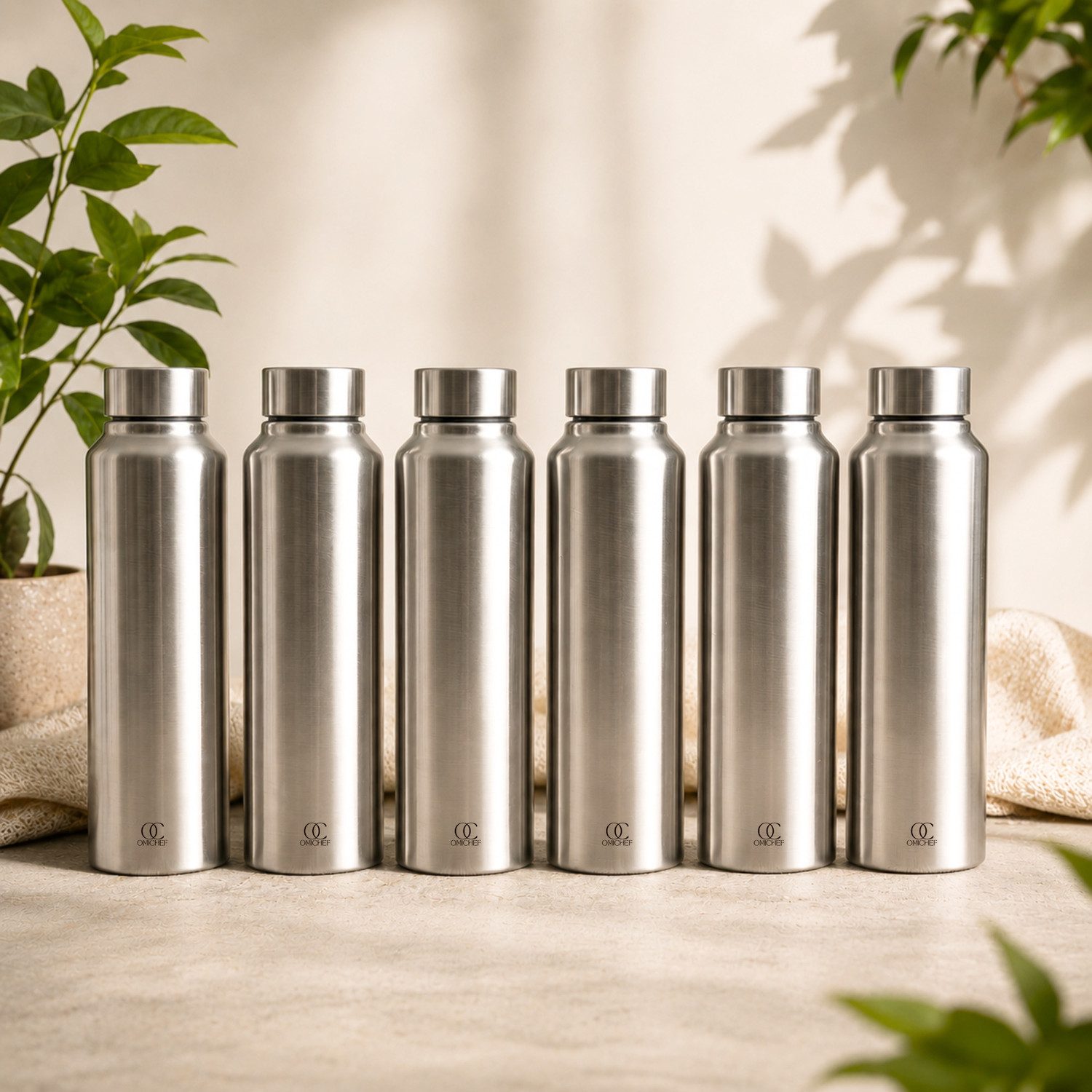 Image of Omichef 1 Litre AquaPro Stainless Steel Fridge Water Bottle Set of 6 1000 ml Steel Bottle