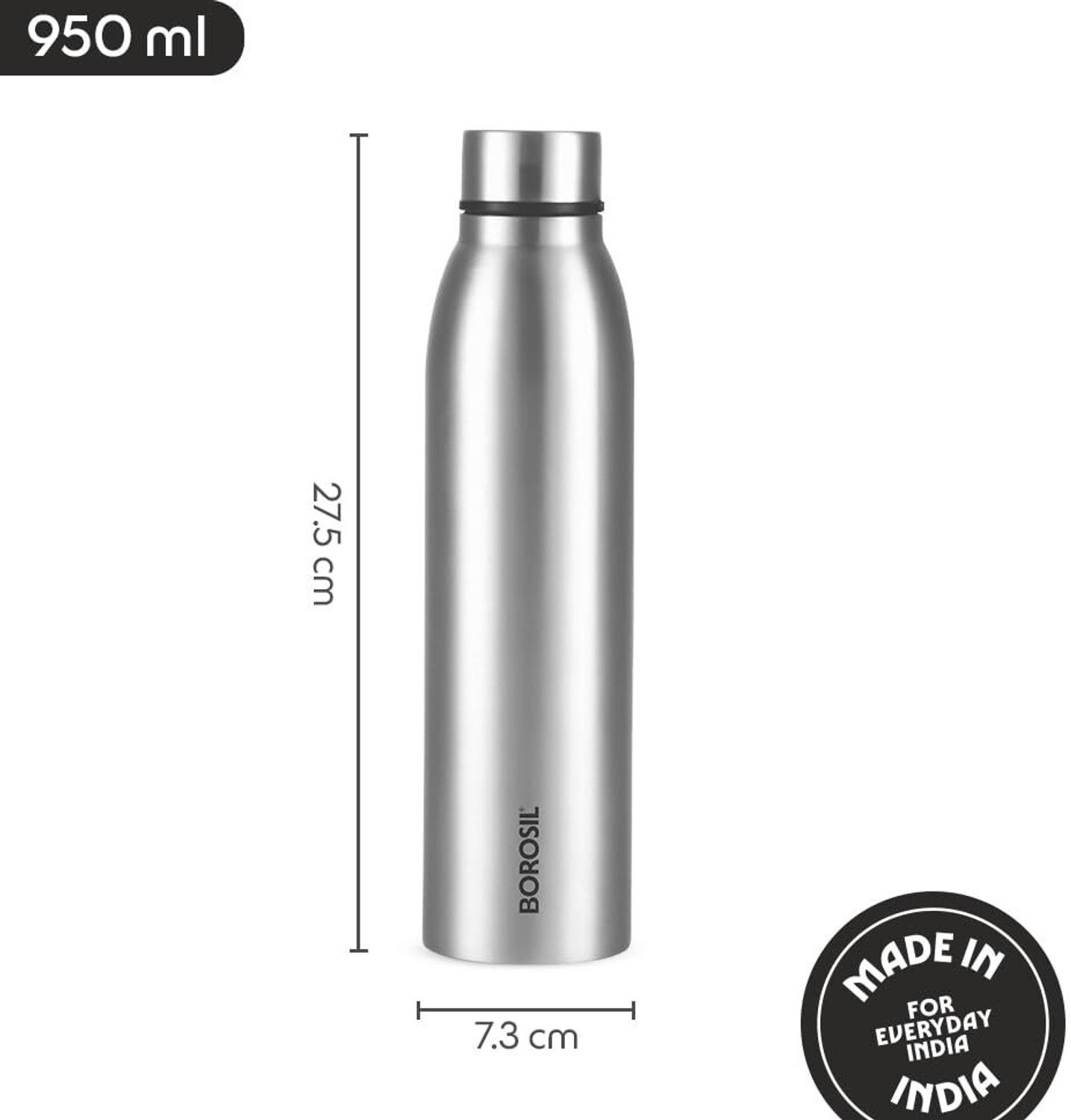 Image of BOROSIL 950ml Glacier BIS Approved, Made in India Single Wall Bottle 1 Year Warranty 950 ml Stainless Steel Bottle