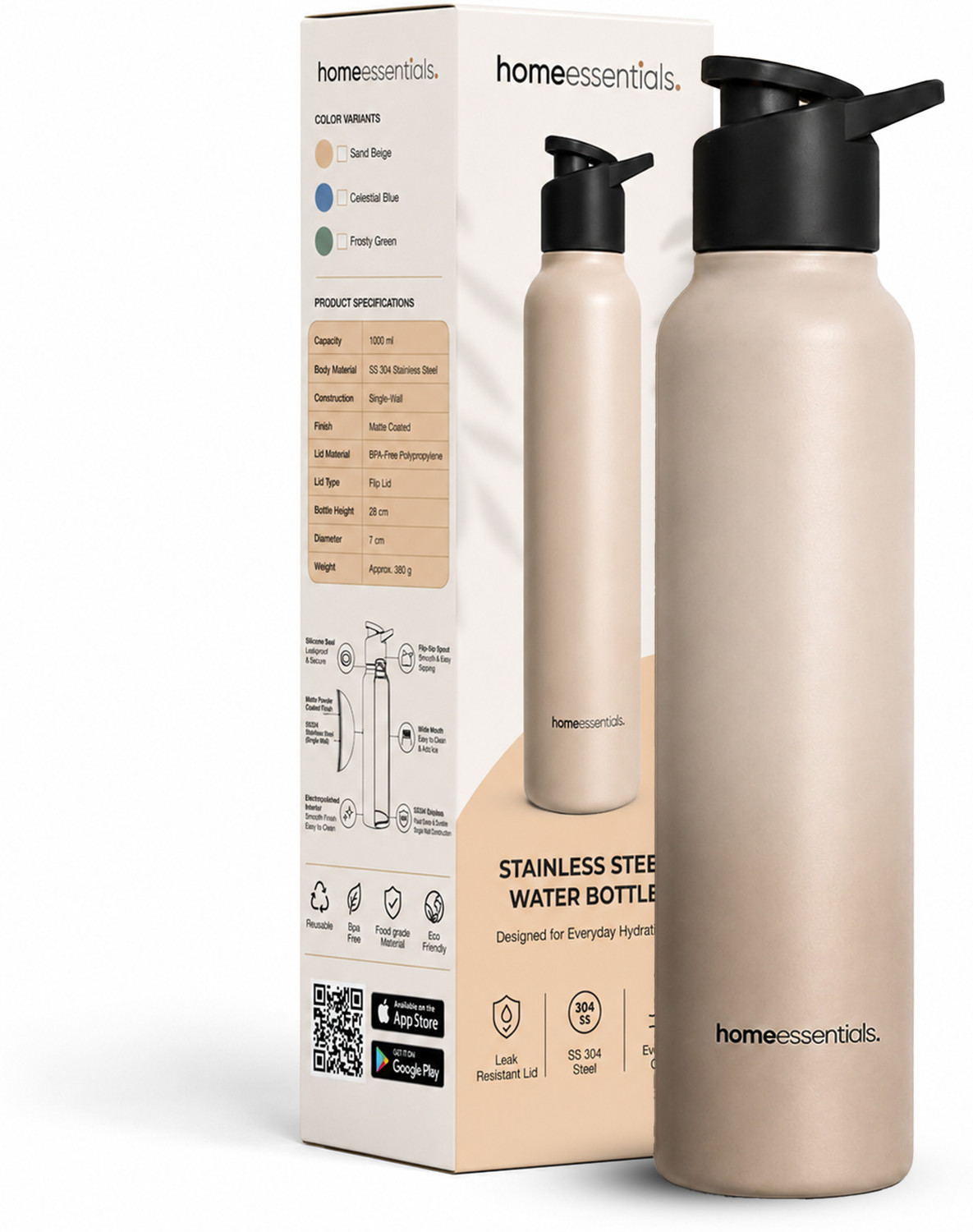 Image of HomeEssentials 1000ml Single Wall Stainless Steel Water Bottle | Single Wall | Leakproof 1000 ml Stainless Steel Bottle