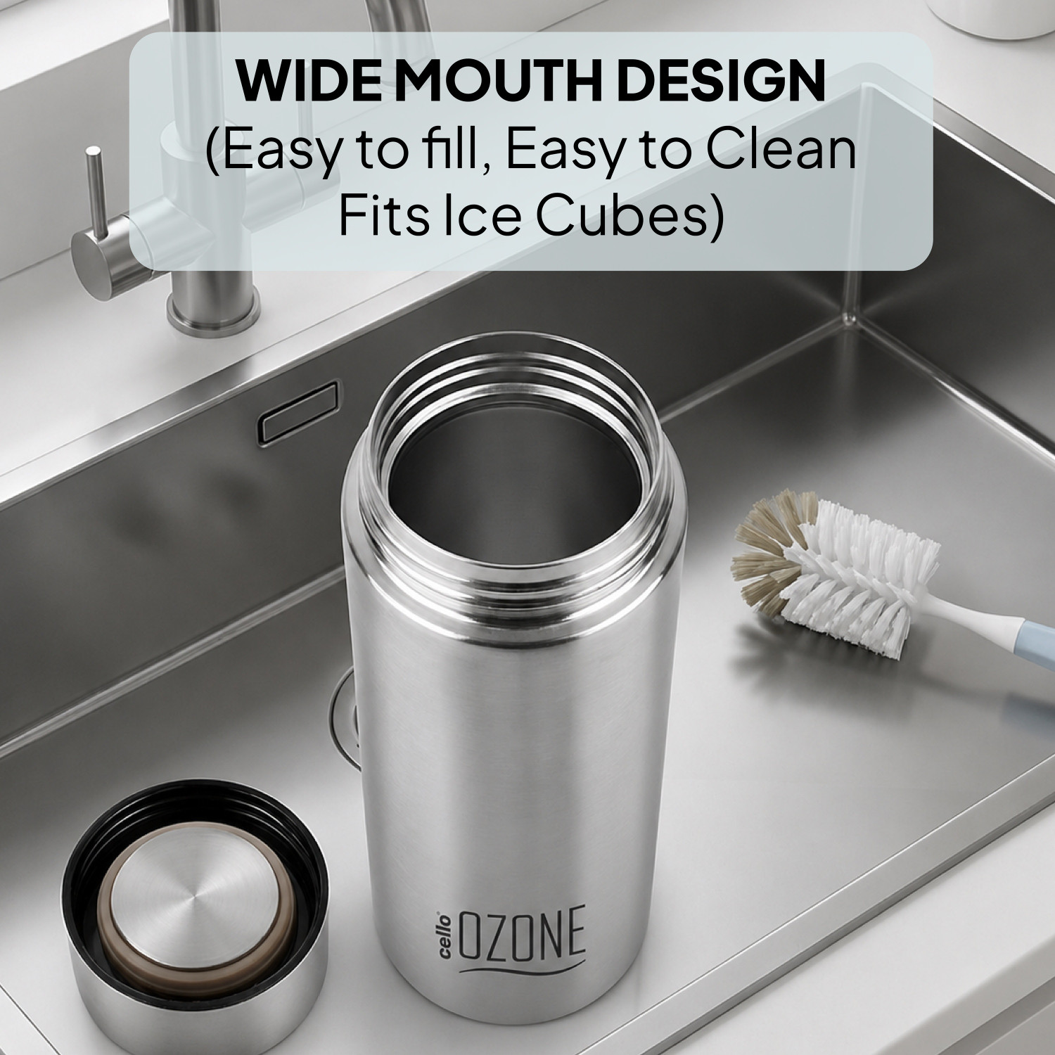 Image of cello H2O Ozone Set of 1 Single Wall Fridge Safe 1000 ml Stainless Steel Bottle