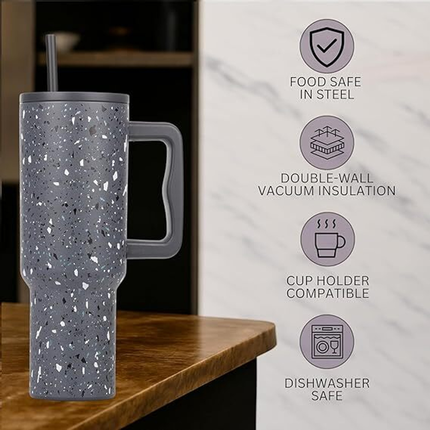 Image of BATBIRD Stainless Steel Tumbler with Lid & Straw - Double‑Wall Insulated Cup for Travel 1200 ml Stainless Steel Sipper