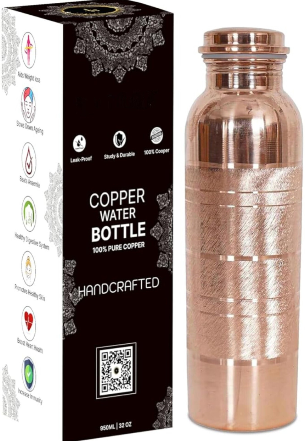 Image of Vish Copper Water Bottle - 34 Oz Extra Large - A Silver Touch Ayurvedic Pure Copper 1000 ml Copper Bottle
