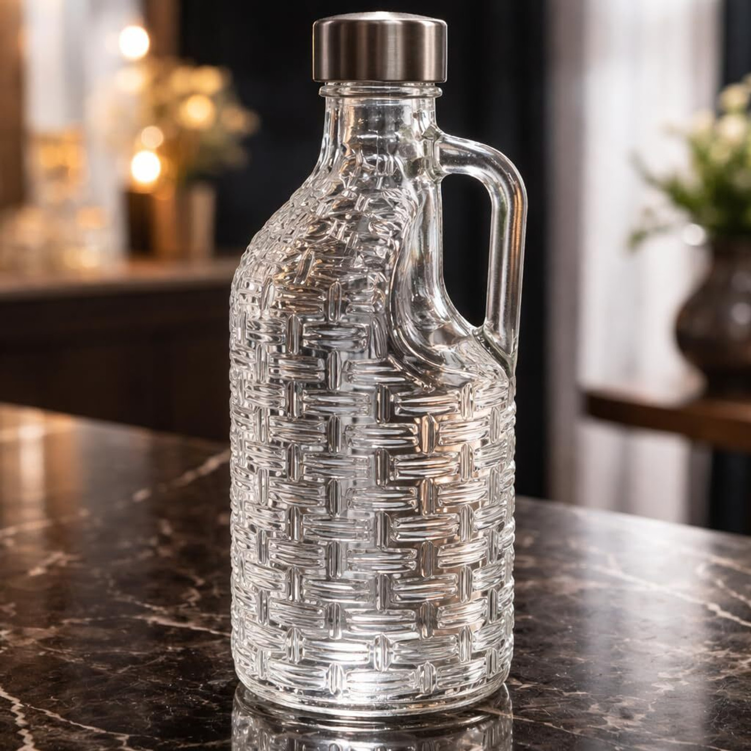 Image of The Elmas Store Premium Transparent Glass Water Bottle with Handle - 1100 ml 1100 ml Glass Bottle (Pack of 1, Silver)
