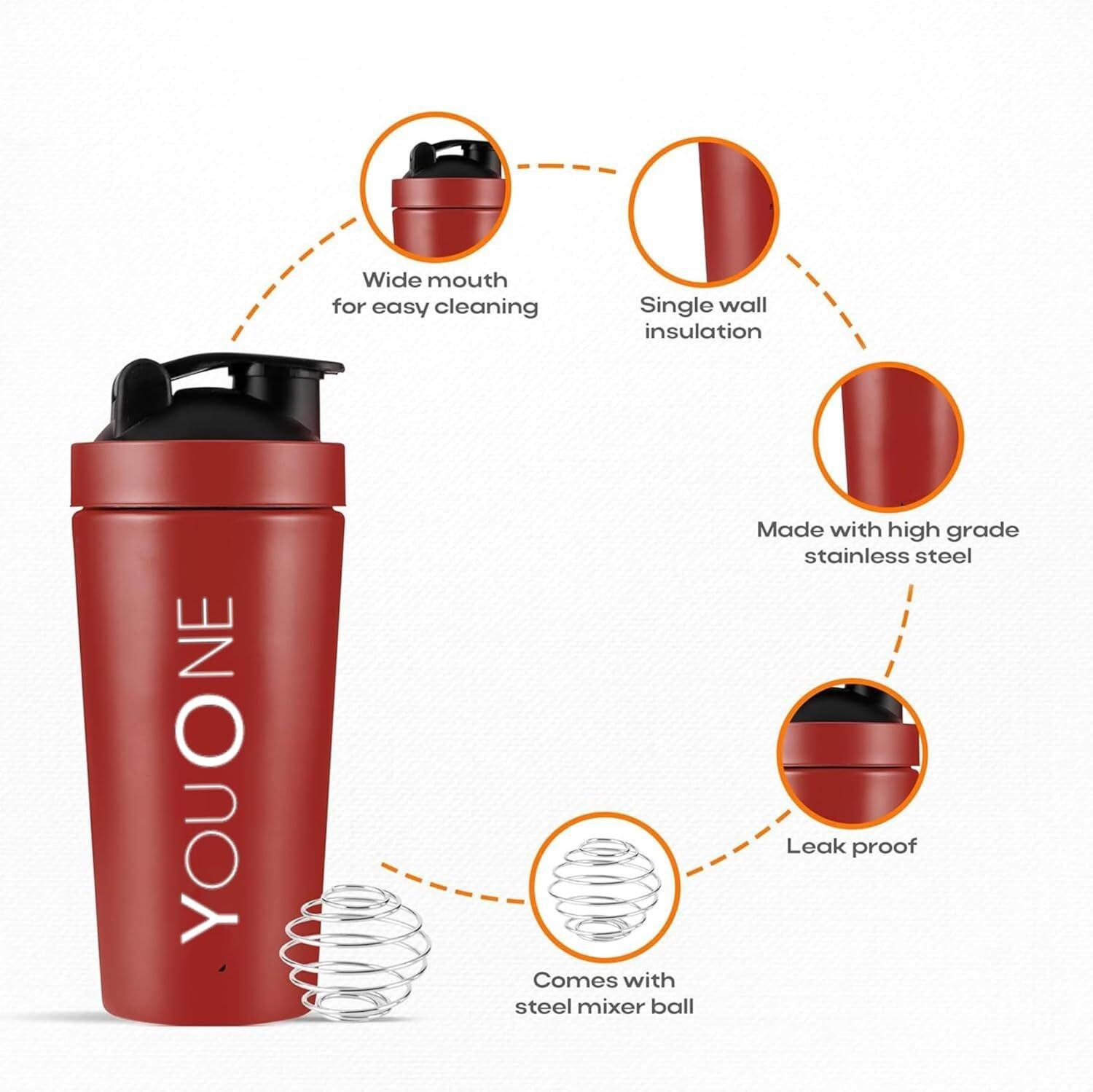 Image of Youone Steel Protein Shaker Bottle for Gym 750ml Leak Proof Gym Shaker with Mixer Ball 750 ml Steel Shaker (Pack of 1, Red)