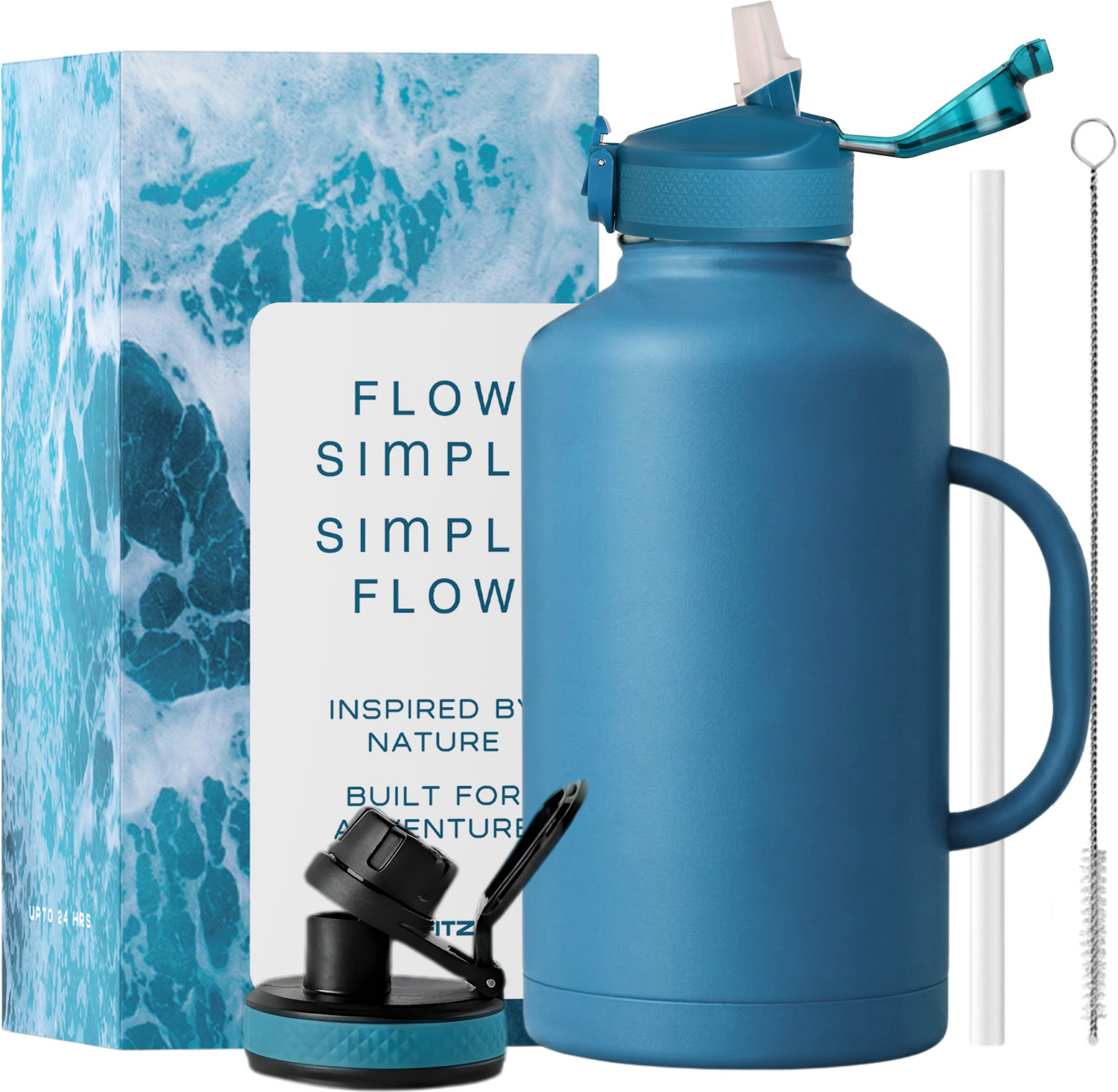 Image of Dr FITZY 2 Lids Insulated Steel Water Bottle 2 Litre, 2L Hot And Cold Straw Sipper Flask 2000 ml Stainless Steel Flask