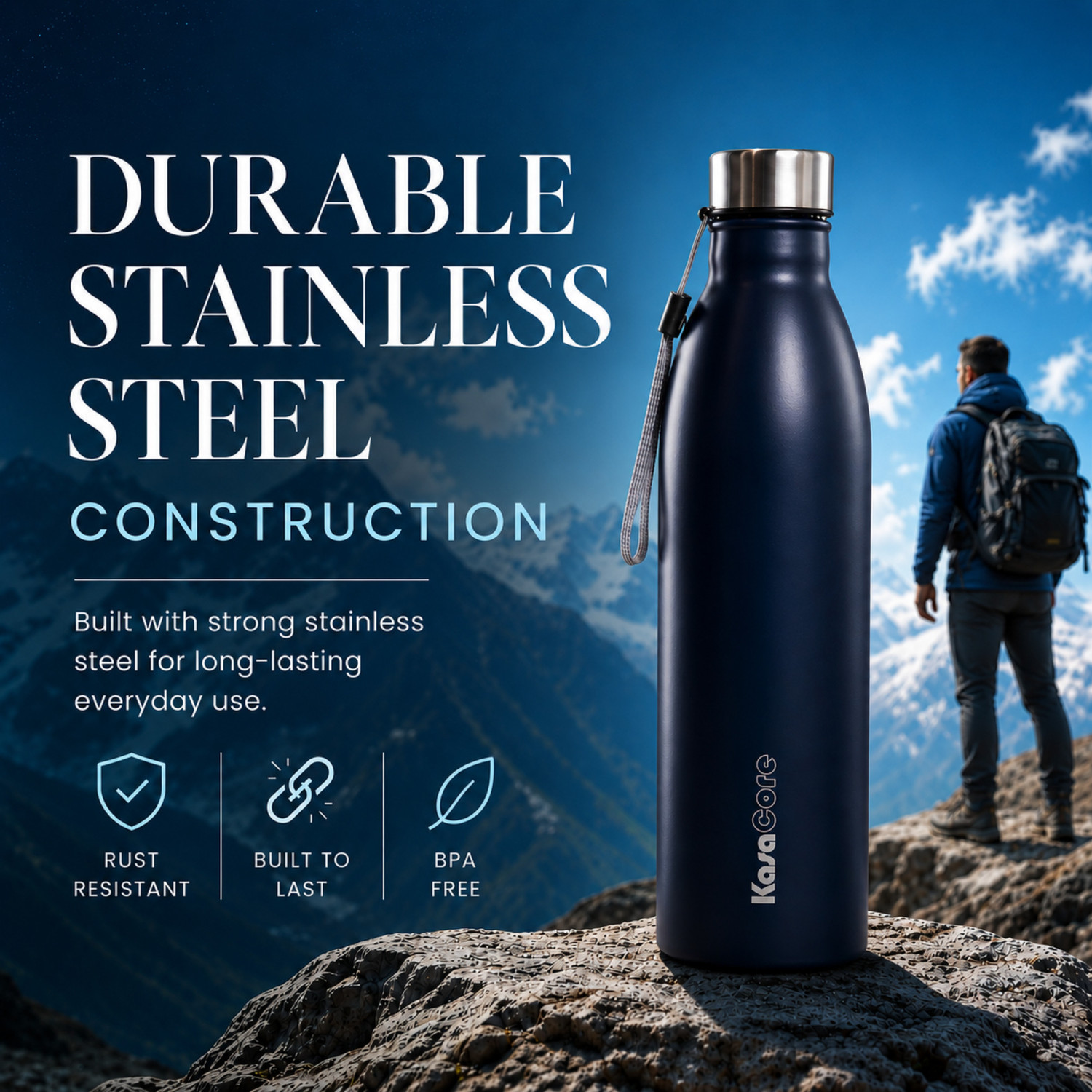 Image of KasaCore Stainless Steel Water Bottle | Leakproof Bottle for Gym & Office | 1000 ml Stainless Steel Bottle