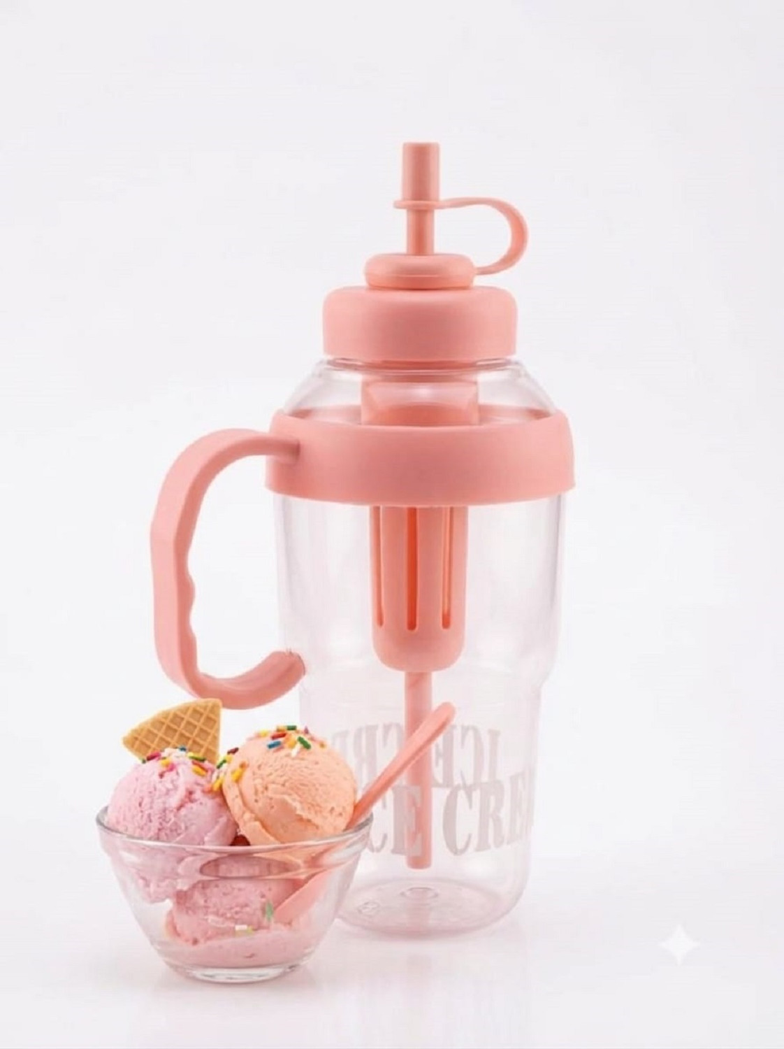 Image of Vmk Ice Cream Water Bottle with Stirrer & Straw, 1200 ml Plastic Bottle (Pack of 1, Pink)