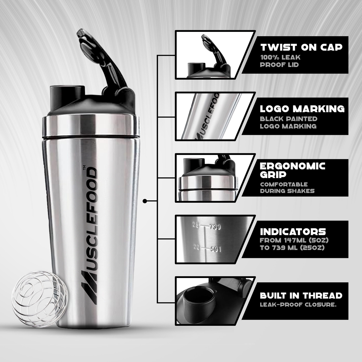 Image of MUSCLEFOOD Steel Protein Shaker Bottle with Mixing Spring 750 ml Stainless Steel Shaker