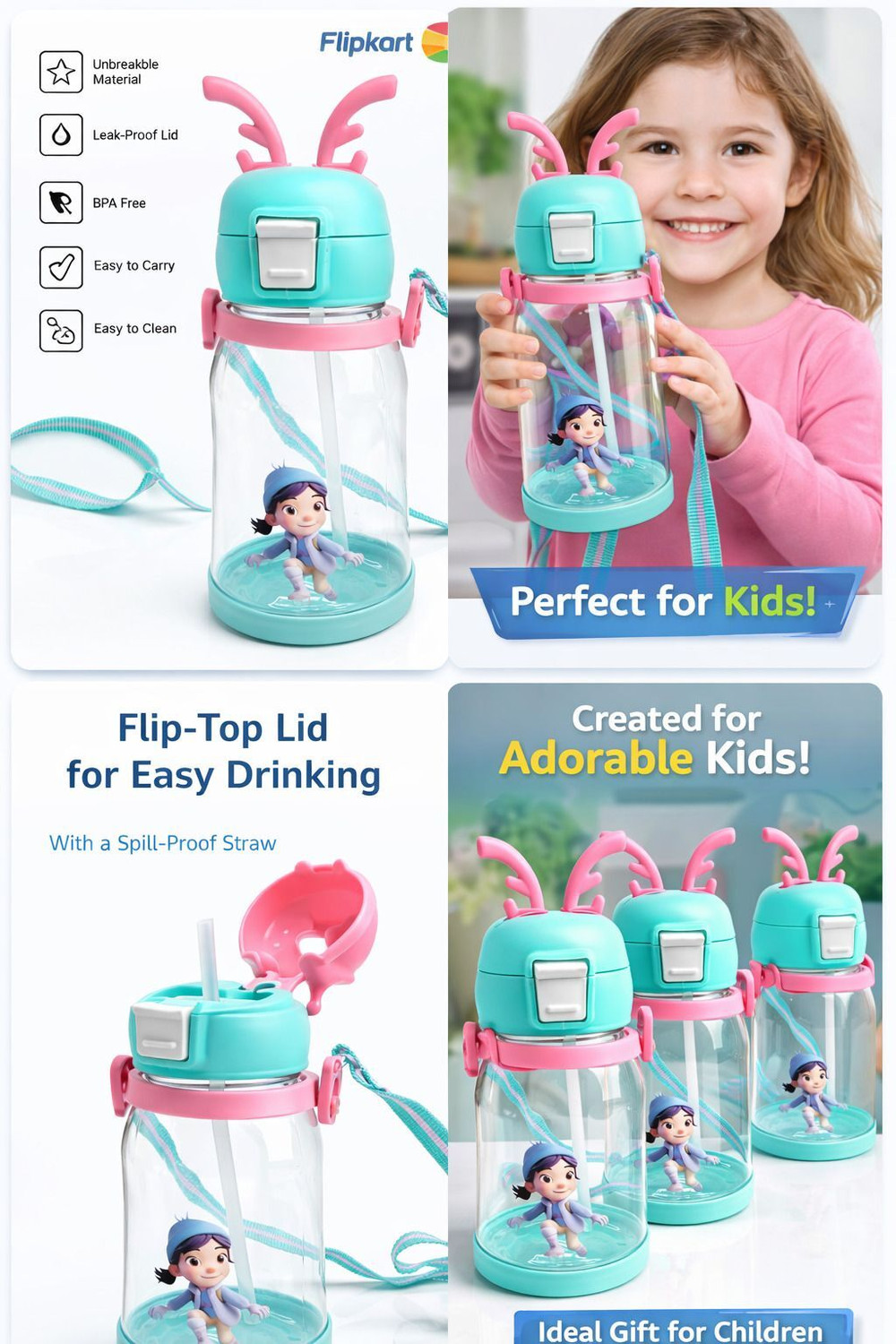 Image of BELLERBIRD Cartoon Design Bottle with Straw & Strap , Anti-Leak Proof Water Bottle for Kids 600 ml Plastic Bottle