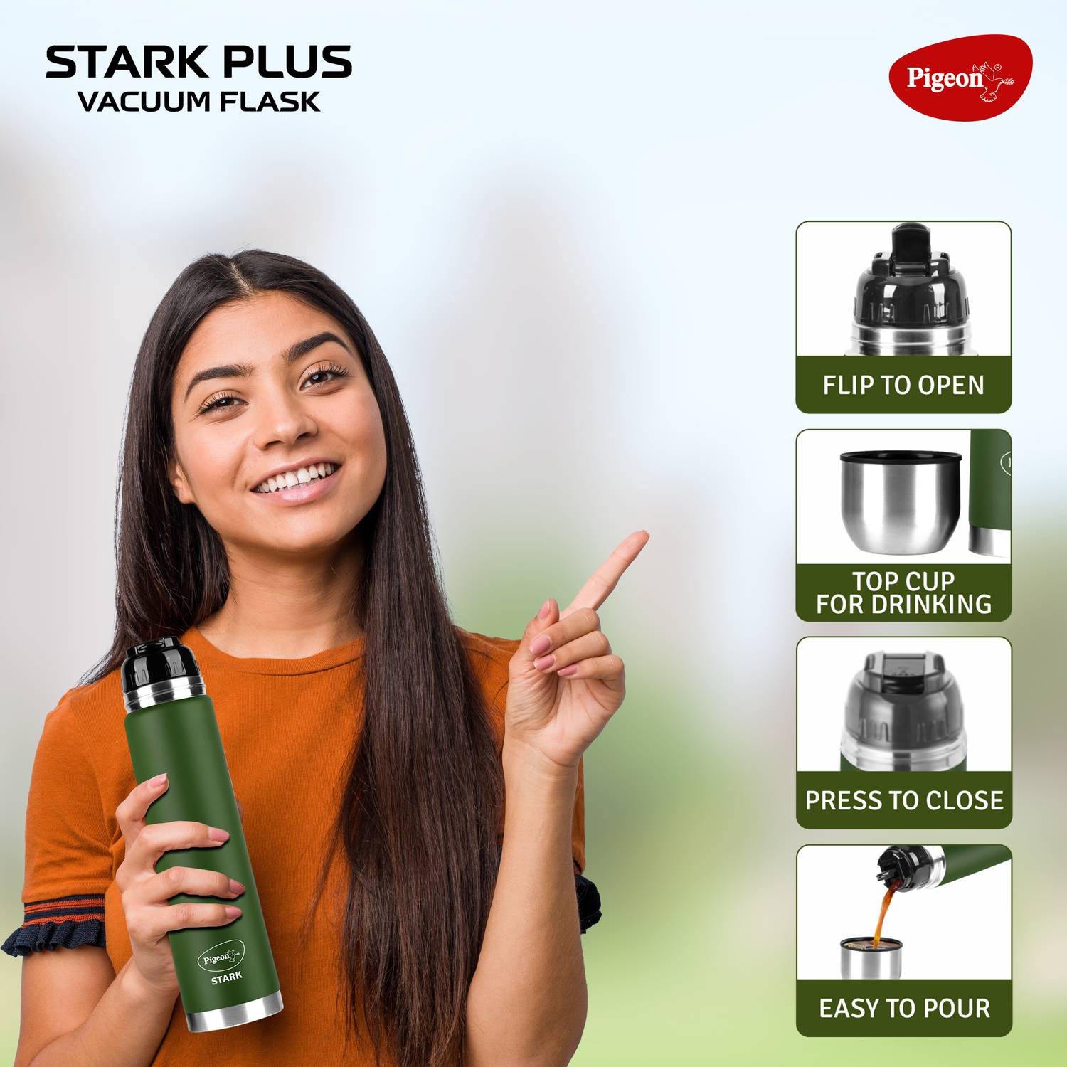 Pigeon Stark Plus 1000 ml Olive Steel Flask - Image 3