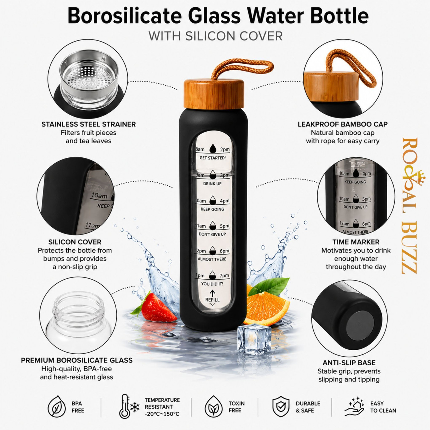 Image of Royal Buzz Borosilicate Glass Water Bottle with Bamboo Lid & Silicone sleeve 1000 ml Borosilicate Glass Bottle