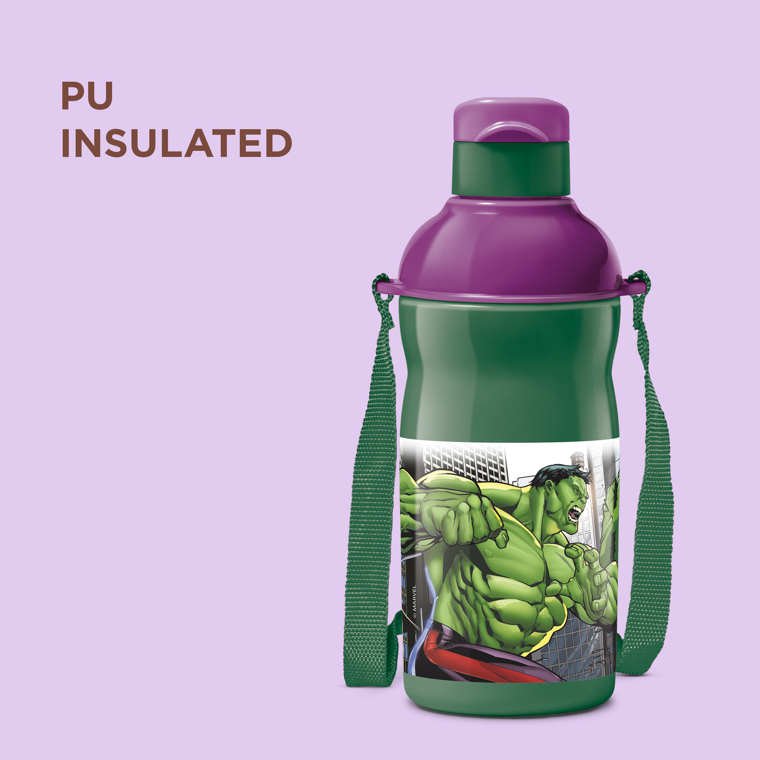 Image of MILTON Marvel Kool Elite 400 Insulated Water Bottle, Dark Green, (Hulk print) 426 ml Plastic Bottle (Pack of 1, Green)