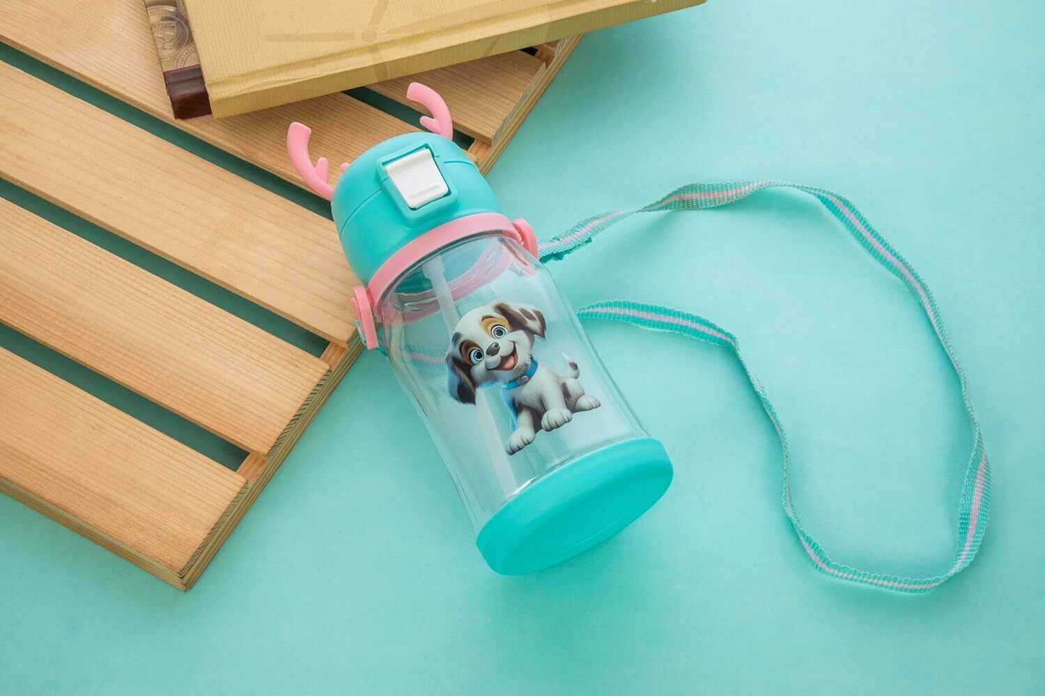 Image of BELLERBIRD Cartoon Design Bottle with Straw & Strap , Anti-Leak Proof Water Bottle for Kids 600 ml Plastic Bottle