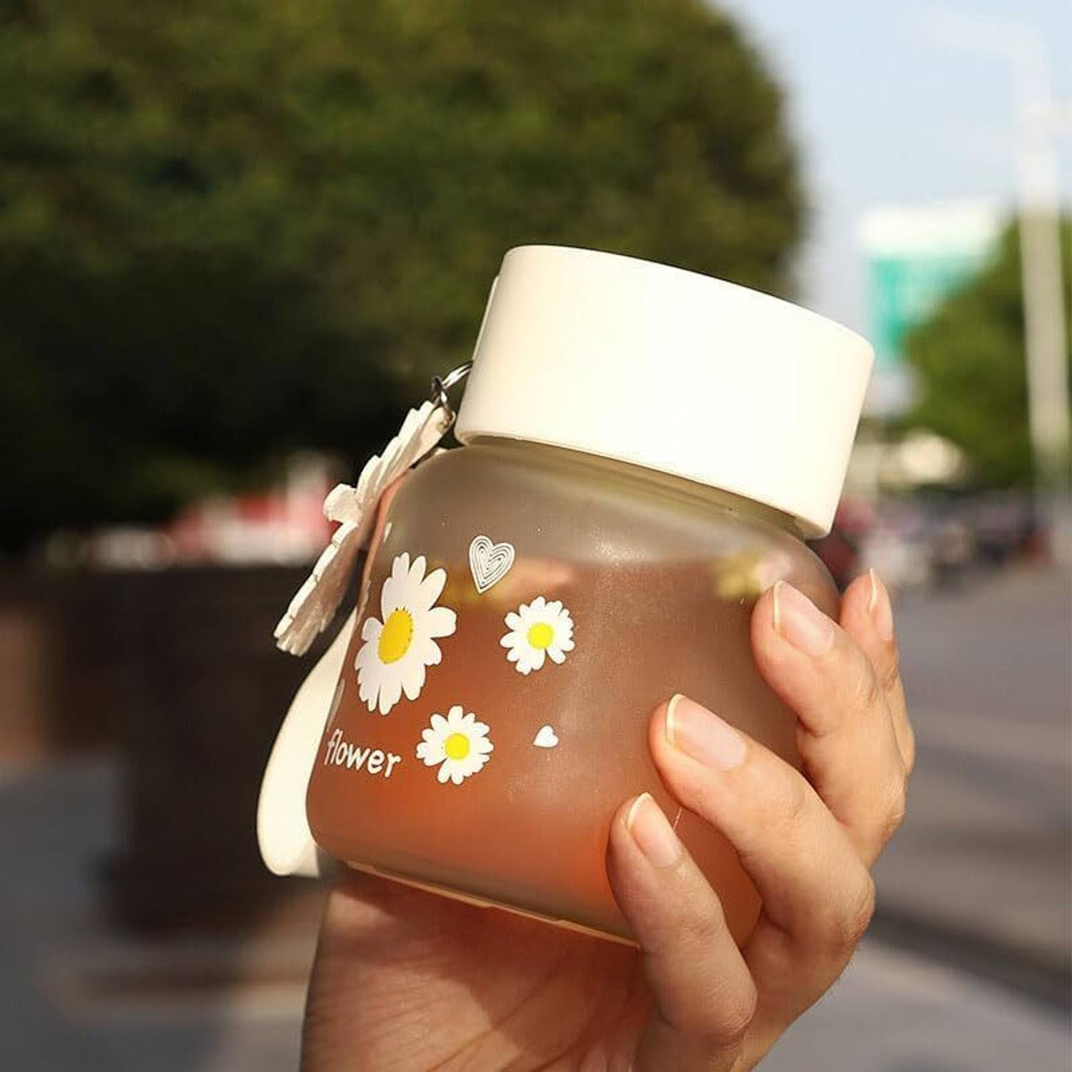 Adhunyk Glass Water Bottle with Daisy Flower Design, 300Ml, Leak-Proof,Small 300 ml Glass Bottle