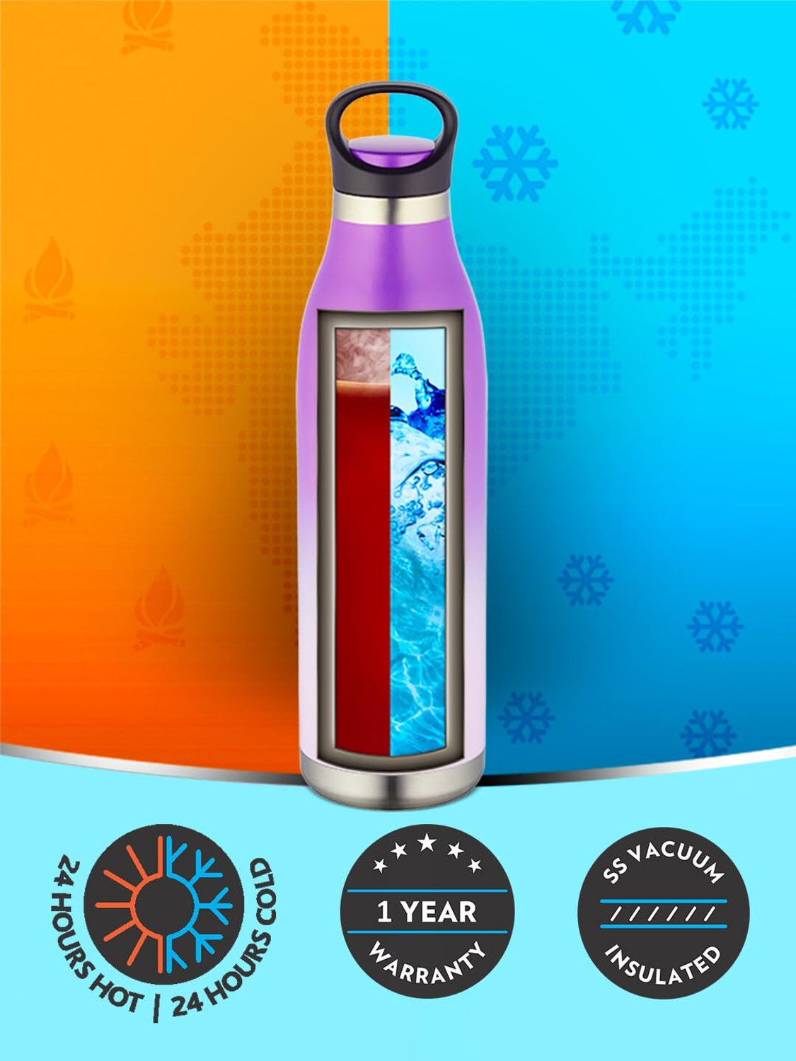 Image of BOROSIL Color Crush 700 ml Vacuum Insulated Wate Bottle, 24 Hrs Hot & Cold Flask, Violet 700 ml Steel Flask