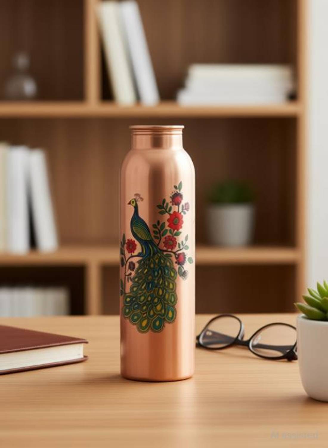 bottlewala Peacock Printed 100% Copper Bottle 1Ltr Rust Free, Leak Proof and Joint Less 1000 ml Copper Bottle