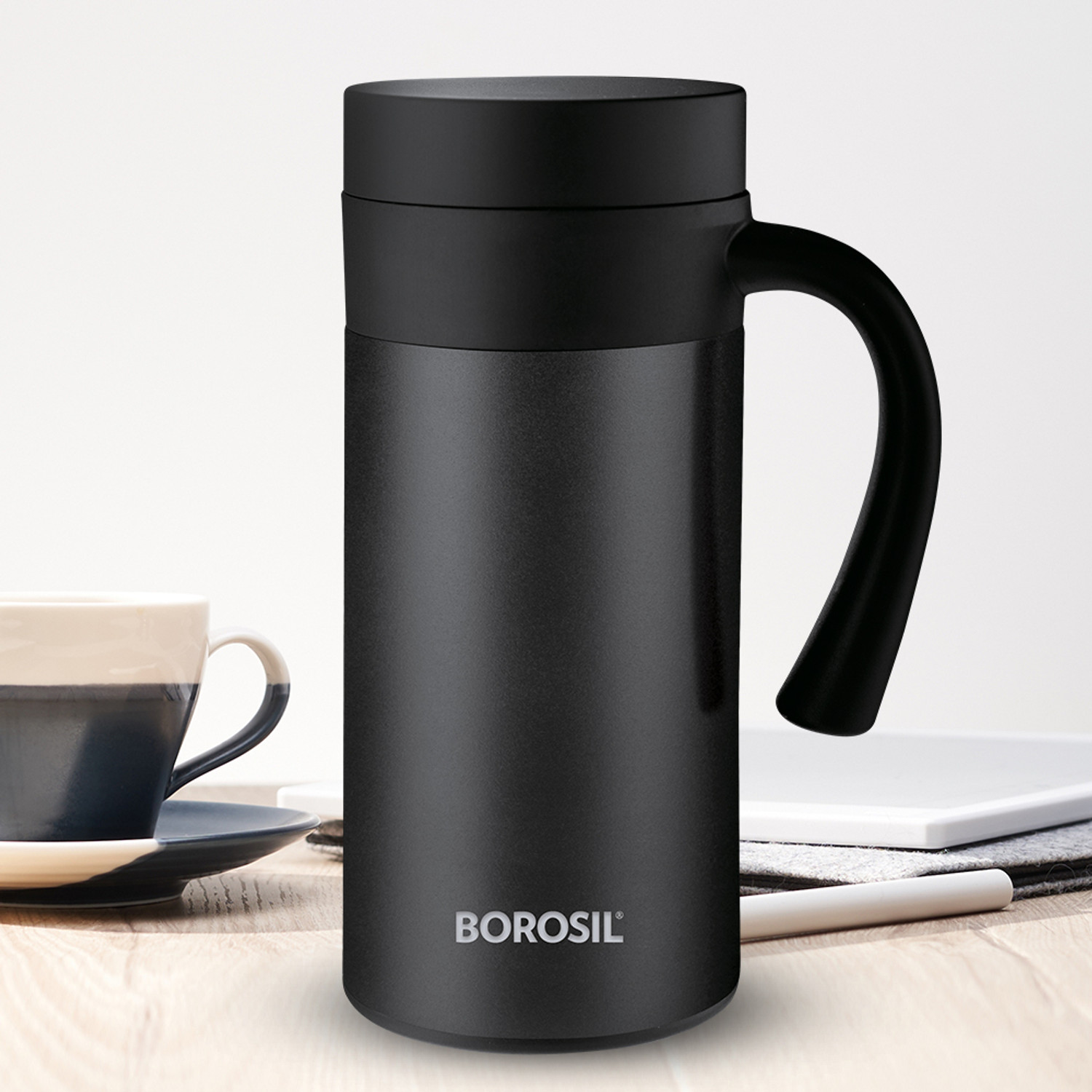 Image of BOROSIL Caf� Time Stainless Steel Vacuum Insulated Mug, 10 Hrs Hot & Cold Flask, Black 400 ml Steel Flask