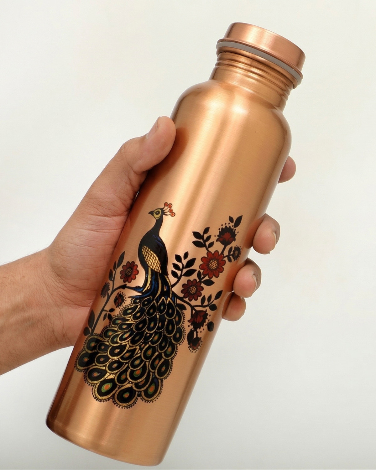 Image of CUPRO Copper Water Bottle with Peacock Art - Leak Proof, Jointless, 1 Litre (Printed) 1000 ml Copper Bottle