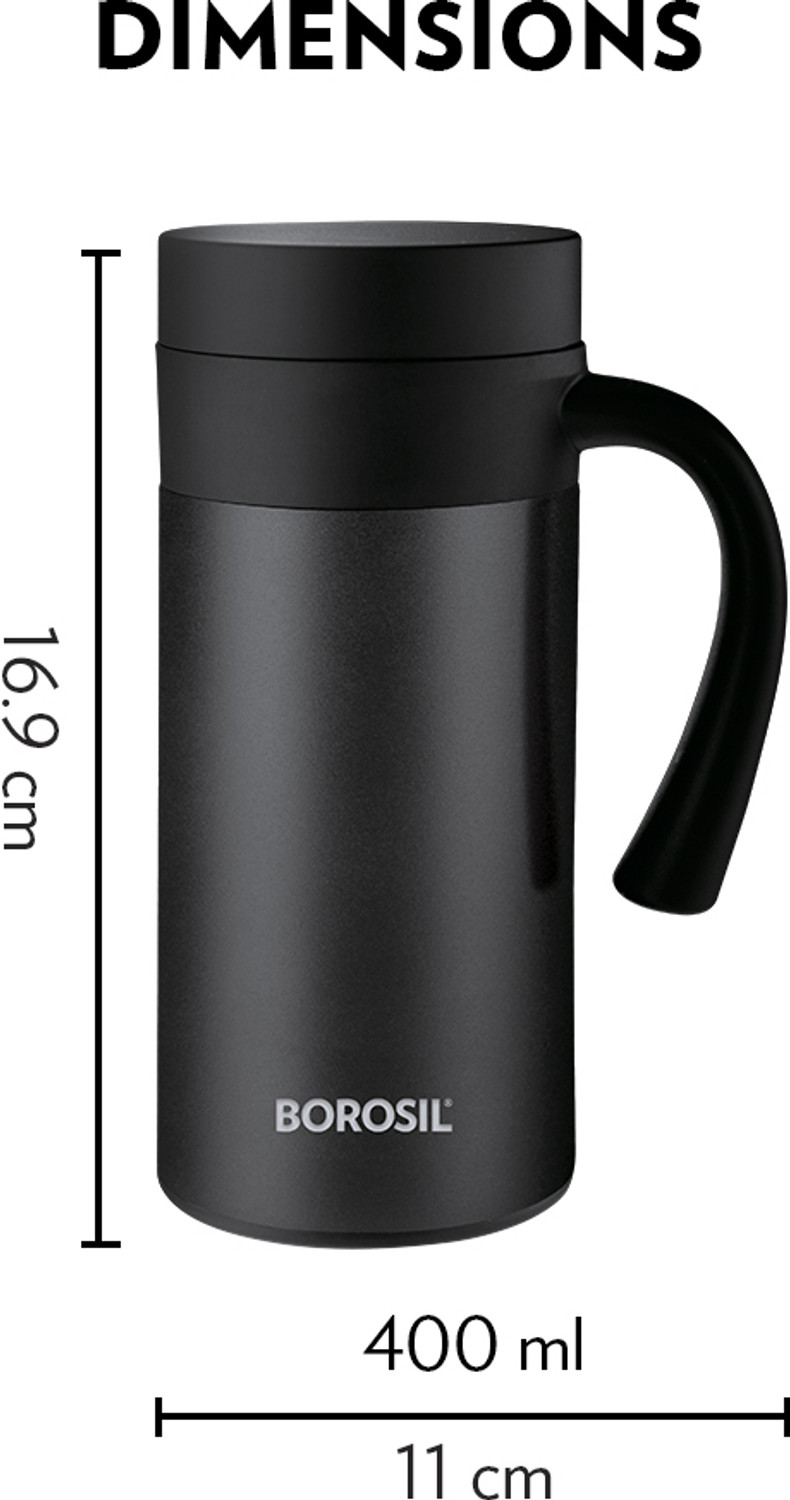 Image of BOROSIL Caf� Time Stainless Steel Vacuum Insulated Mug, 10 Hrs Hot & Cold Flask, Black 400 ml Steel Flask