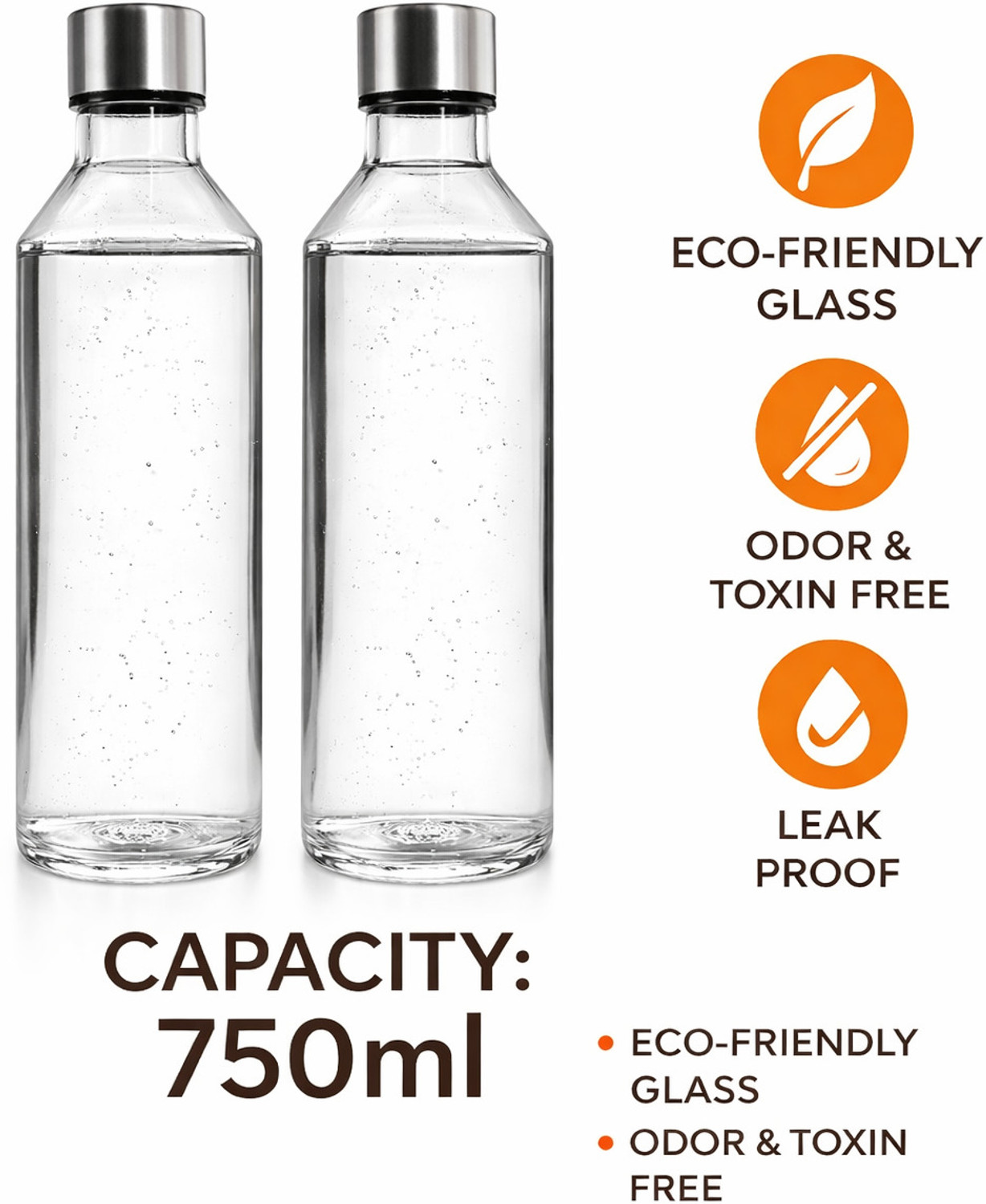 Image of shraj 750ml Glass Water Bottle with Leak-Proof Airtight Stainless Steel Lid for Water 750 ml Glass Bottle