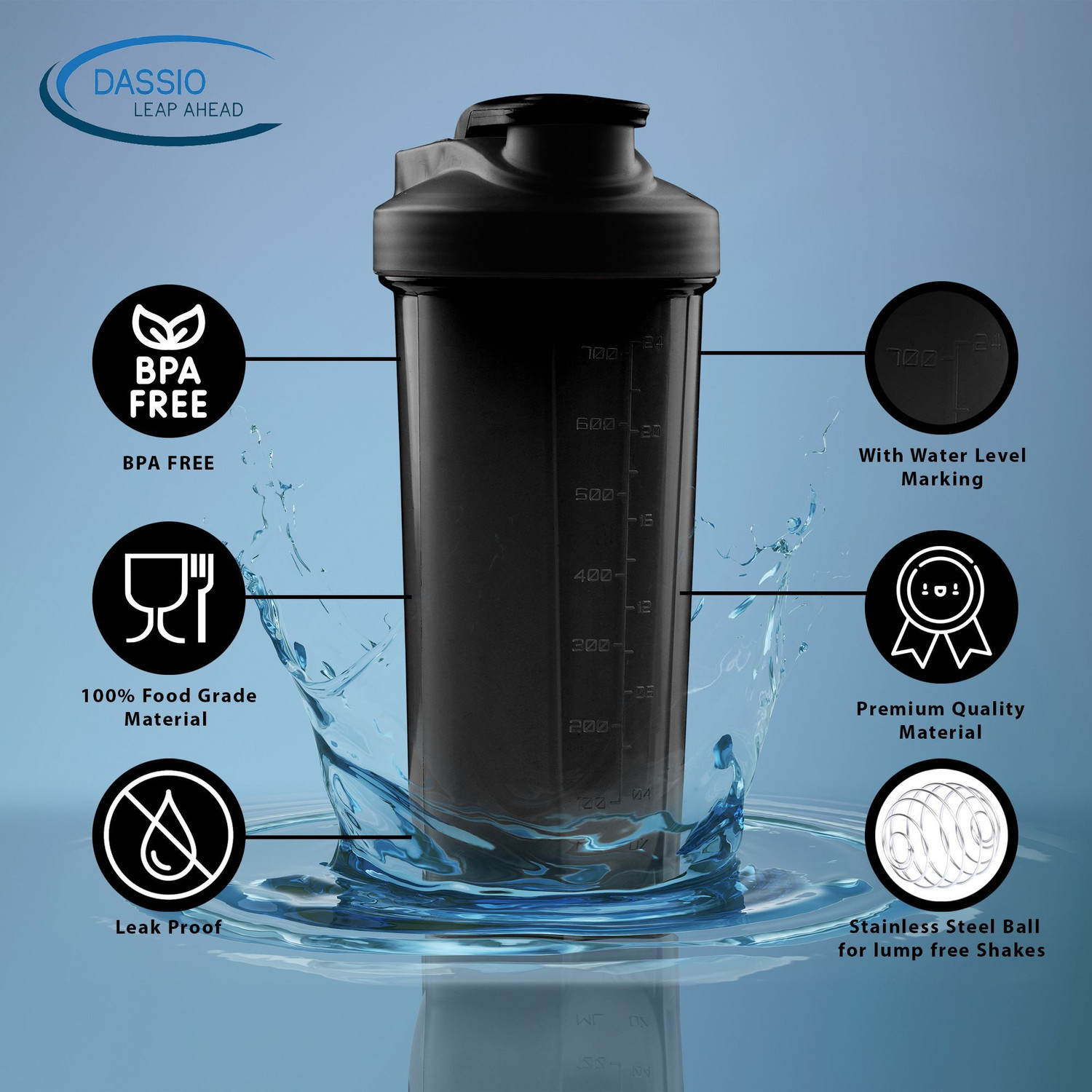 Image of Dassio Work Hard Protein Gym Shaker Bottle with Stainless Steel Spring Ball 700 ml Plastic Shaker