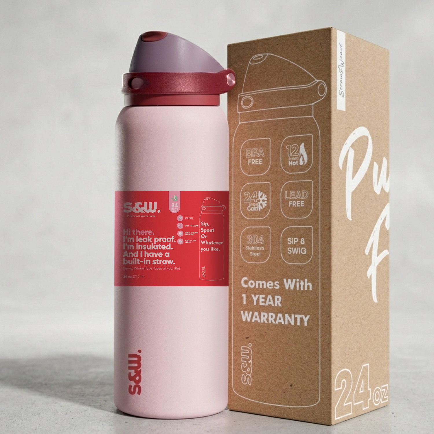 Image of Straw&Weave PureFlow Steel Water Bottle - 24h Cold, Straw & Handle, BPA Free 710 ml Stainless Steel Bottle