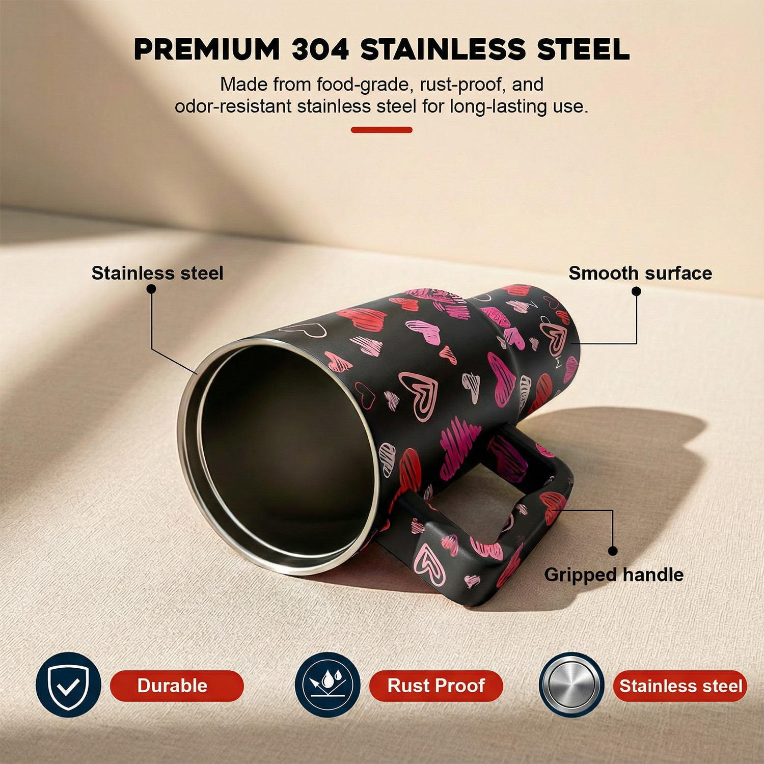 Image of MYOZ Stainless Steel Vacuum Double Insulated Tumbler with Lid, Handle & Straw (Heart) Stainless Steel Tumbler