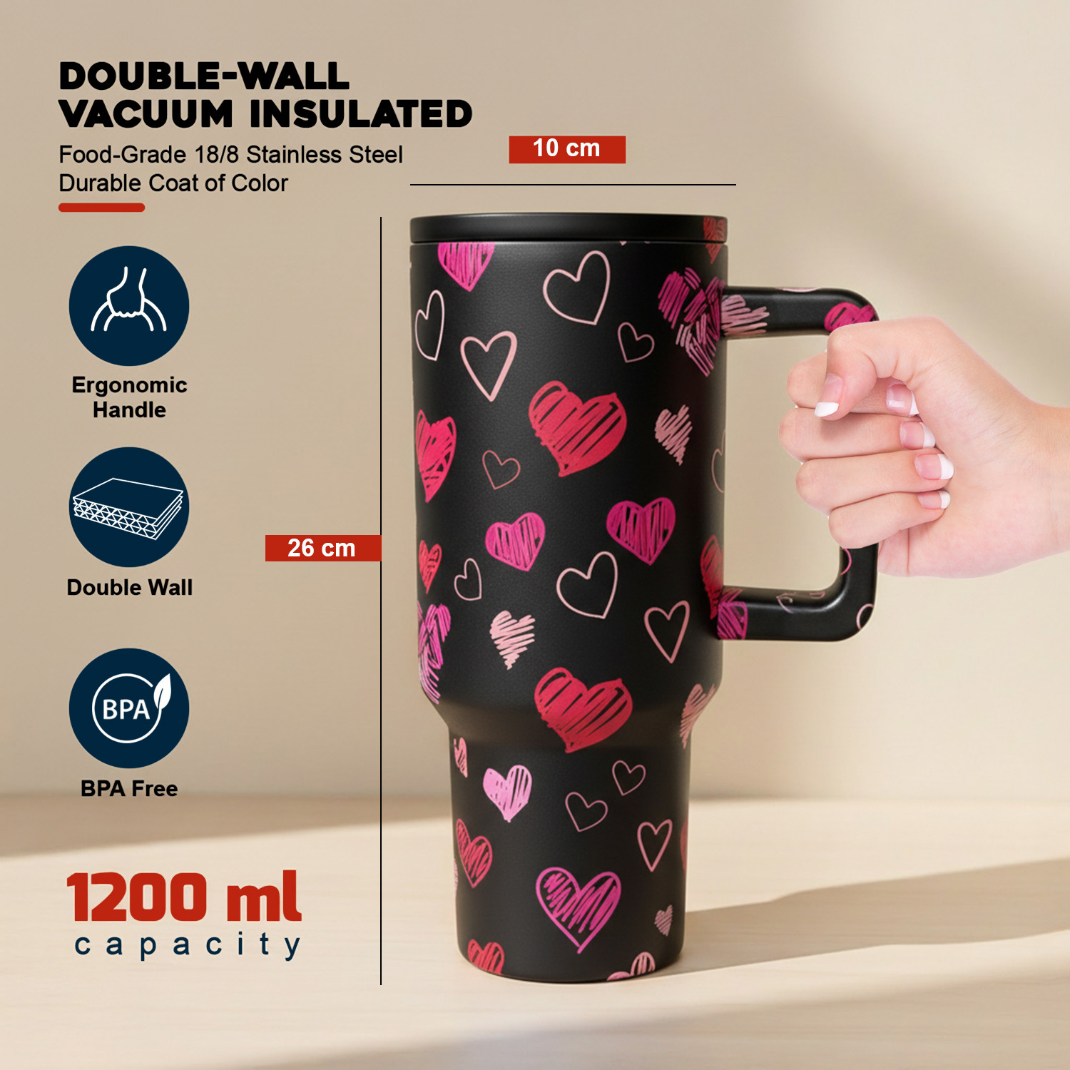 Image of MYOZ Stainless Steel Vacuum Double Insulated Tumbler with Lid, Handle & Straw (Heart) Stainless Steel Tumbler