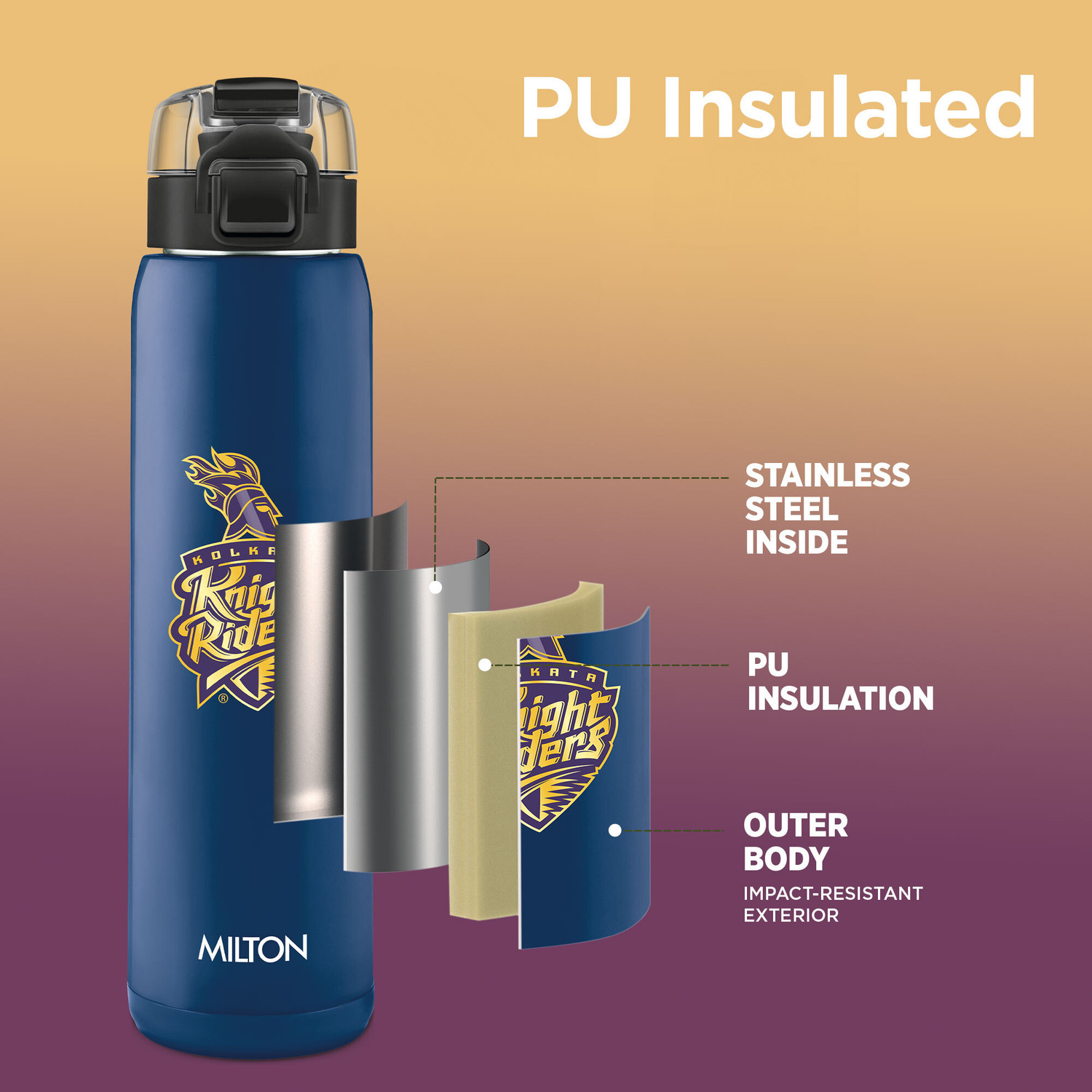 Image of MILTON Sports Steel Edge 900 Cricket Hot and Cold Bottle, 600 ml, KKR Blue 600 ml Stainless Steel Bottle