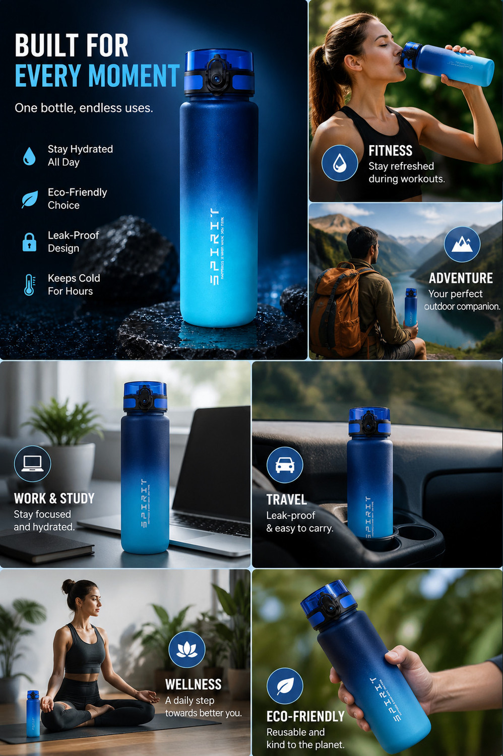 Image of ApnaCart Premium Gradient Matte finish Gym Water Bottle 1000 ml Plastic Sipper