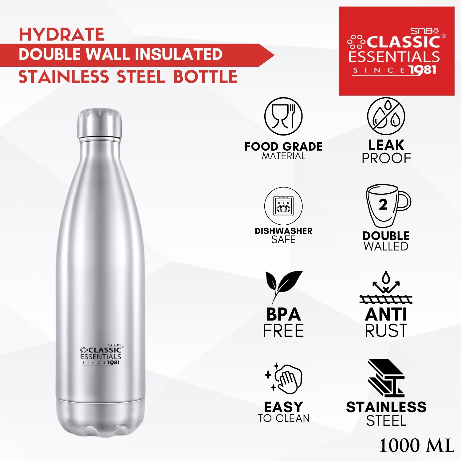 Image of Classic Essentials Insulated Double Wall Vacuum Stainless Steel Water Bottle 750 ml Steel Flask (Pack of 1, Silver)