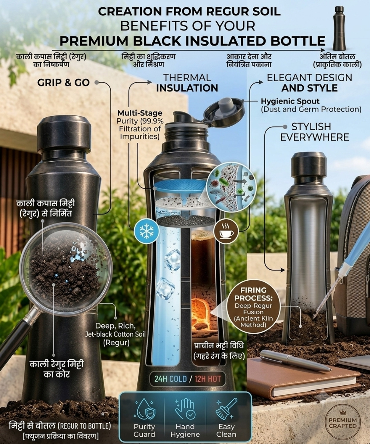 Image of EAShines Black Ceramic water bottle 1000 ml Clay Bottle (Pack of 1, Black)