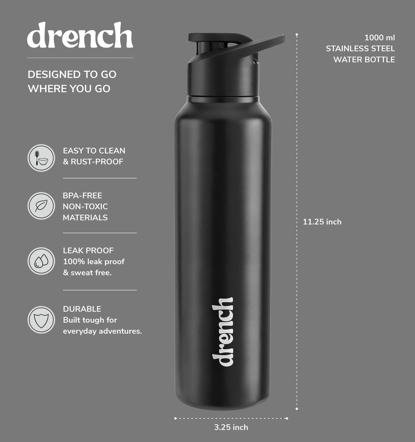 Drench Classic Sipper 1000 ml Stainless Steel Bottle Pack of 1 - Image 3