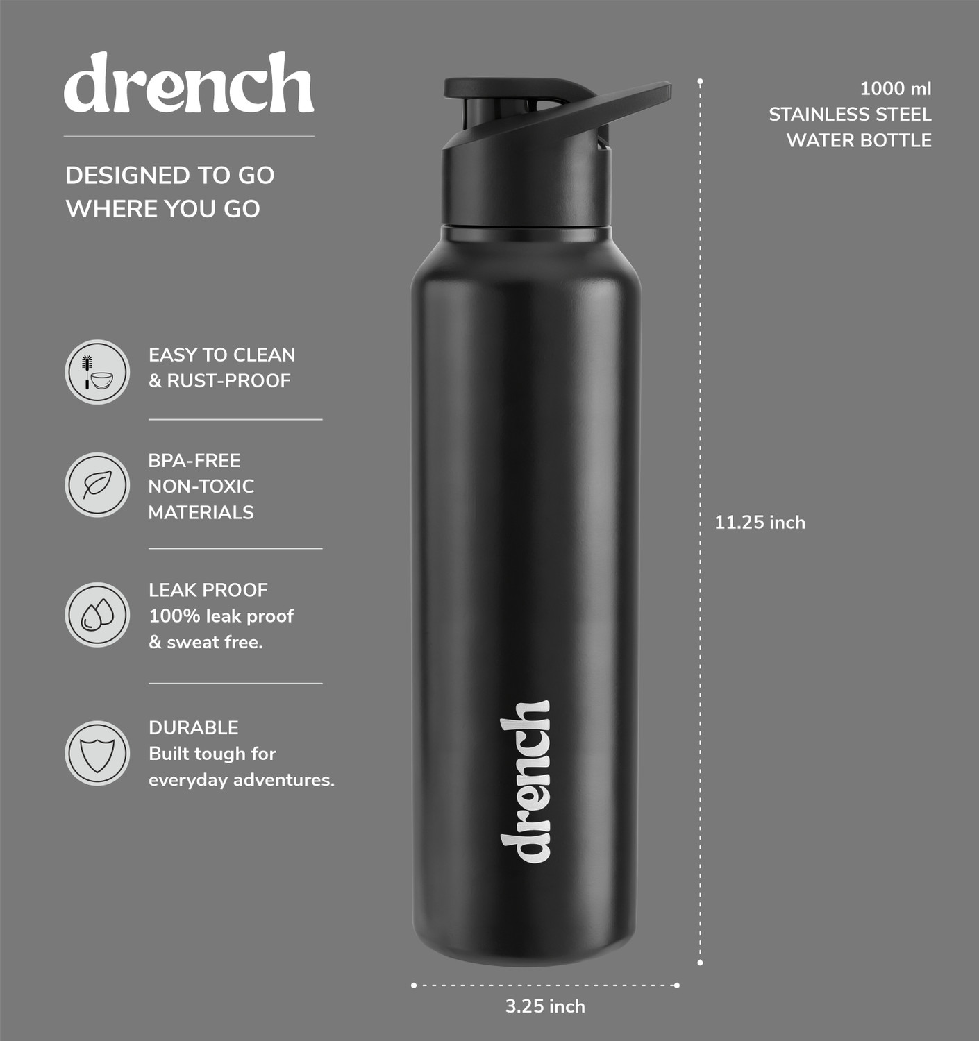 Image of Drench Classic Sipper 1000 ml Stainless Steel Bottle