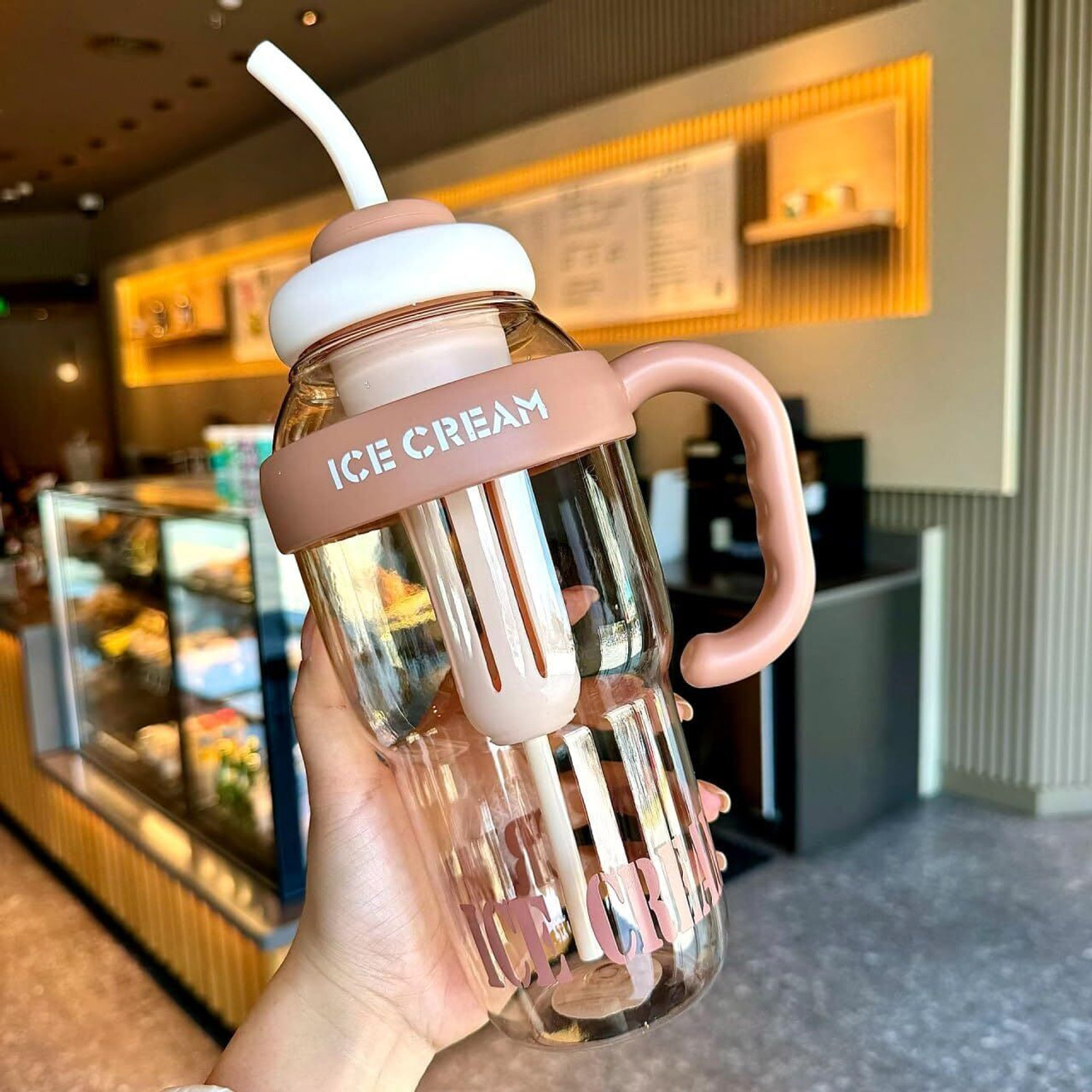 Image of Kahaan enterprise Water Bottle with Straw and Handle Transparent Tumbler Ice Cream Insulated 1300 ml Plastic Bottle